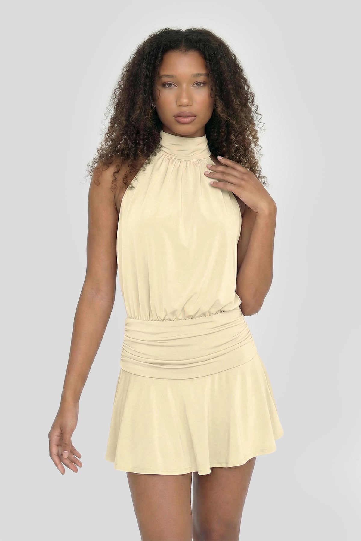 Cinched Waist Halter Mini Dress - Yellow