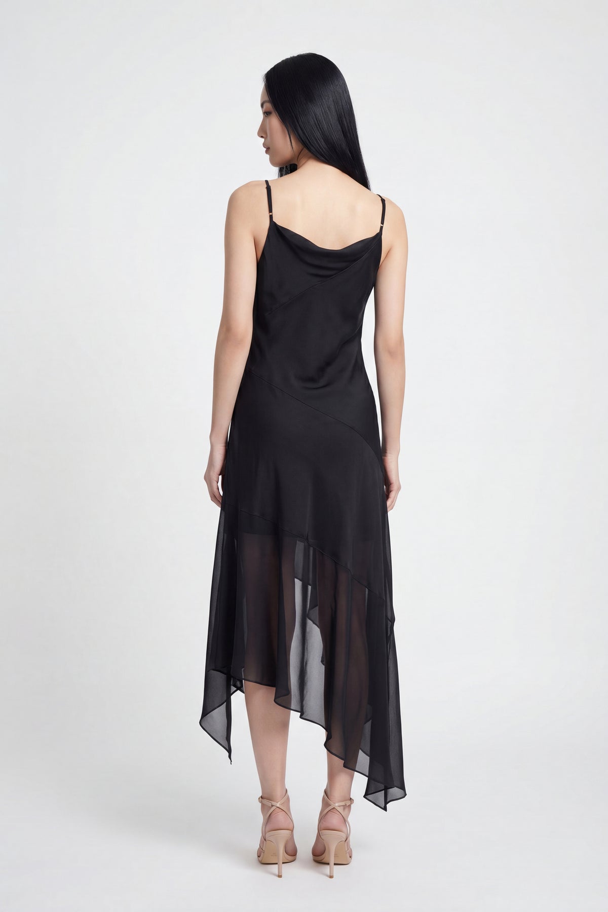 Alt View 2. Chiffon Cowl Neck Asymmetrical Midi Dress - Black