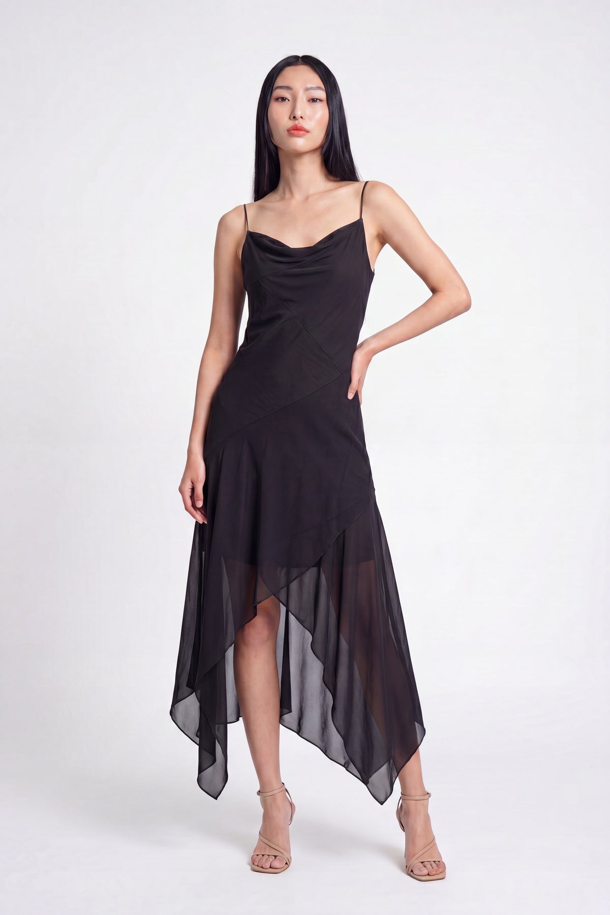 Chiffon Cowl Neck Asymmetrical Midi Dress - Black