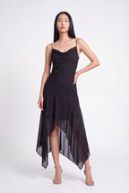 Chiffon Cowl Neck Asymmetrical Midi Dress