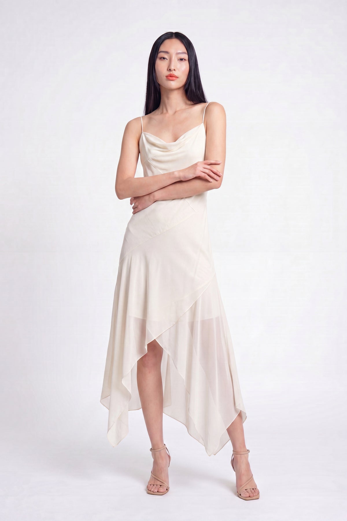 Chiffon Cowl Neck Asymmetrical Midi Dress - White