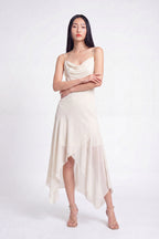 Chiffon Cowl Neck Asymmetrical Midi Dress