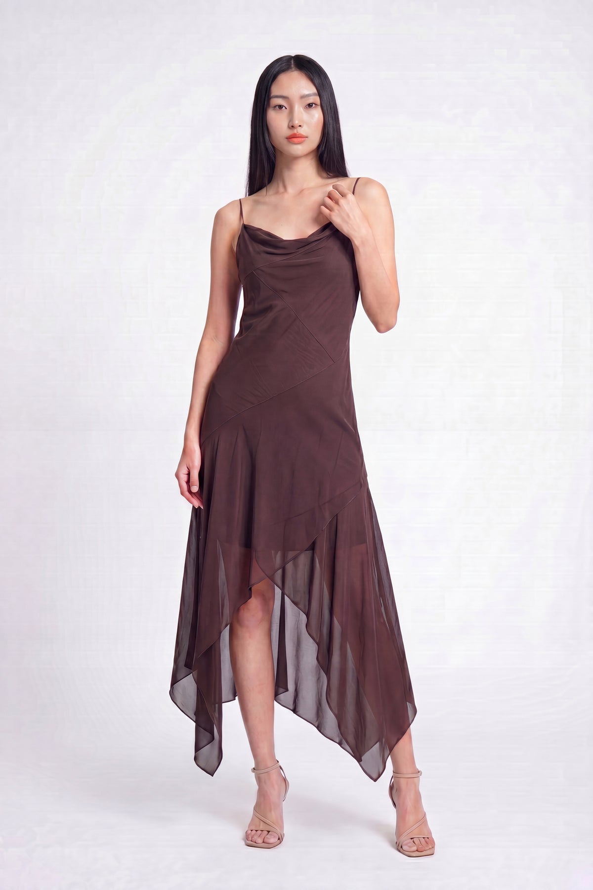Chiffon Cowl Neck Asymmetrical Midi Dress - Brown