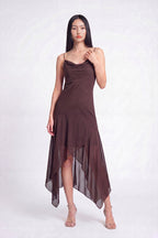 Chiffon Cowl Neck Asymmetrical Midi Dress