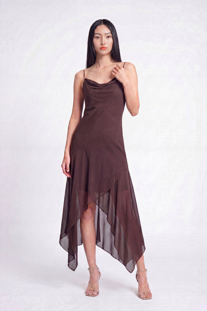 Chiffon Cowl Neck Asymmetrical Midi Dress