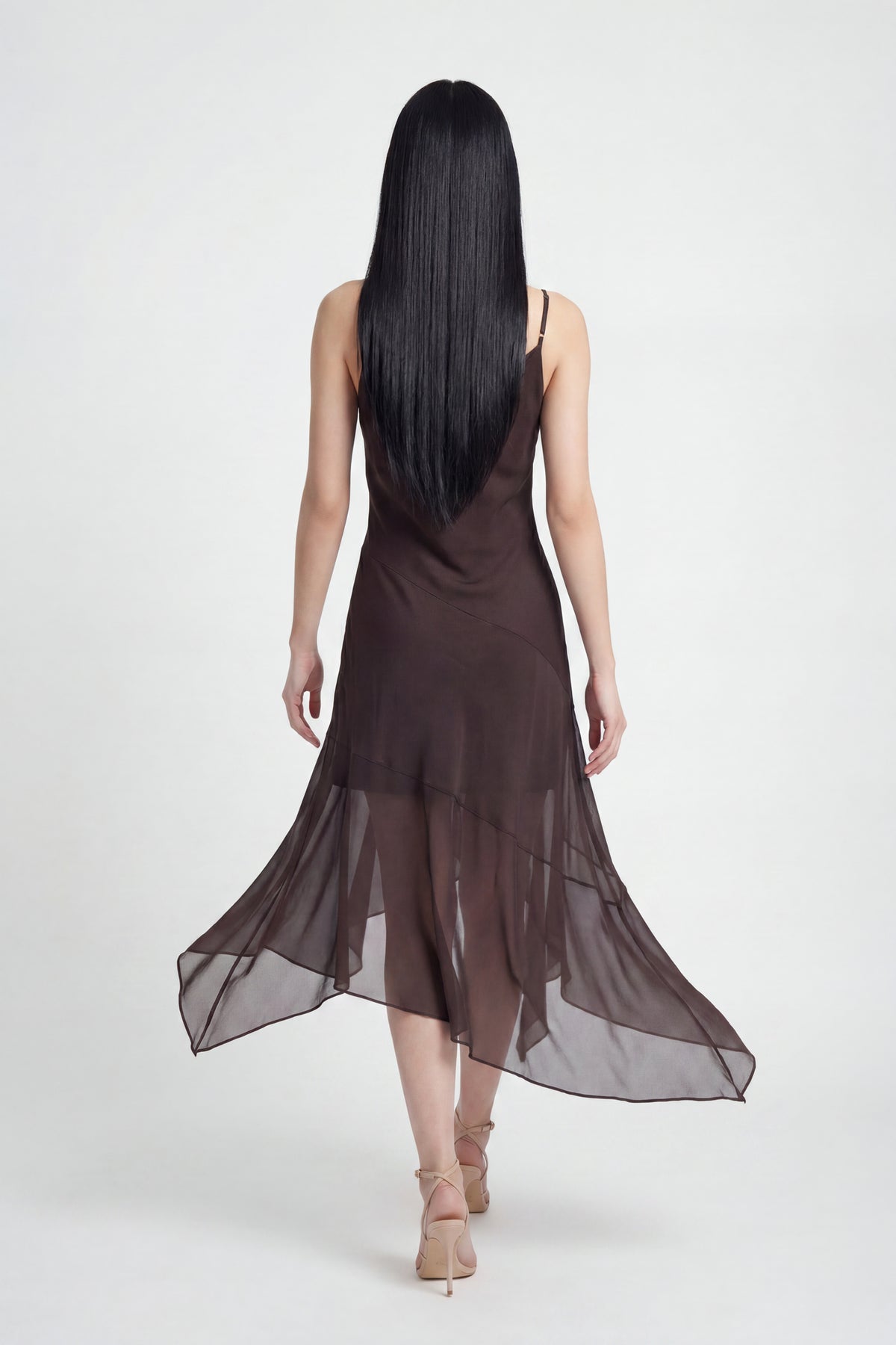 Alt View 2. Chiffon Cowl Neck Asymmetrical Midi Dress - Brown