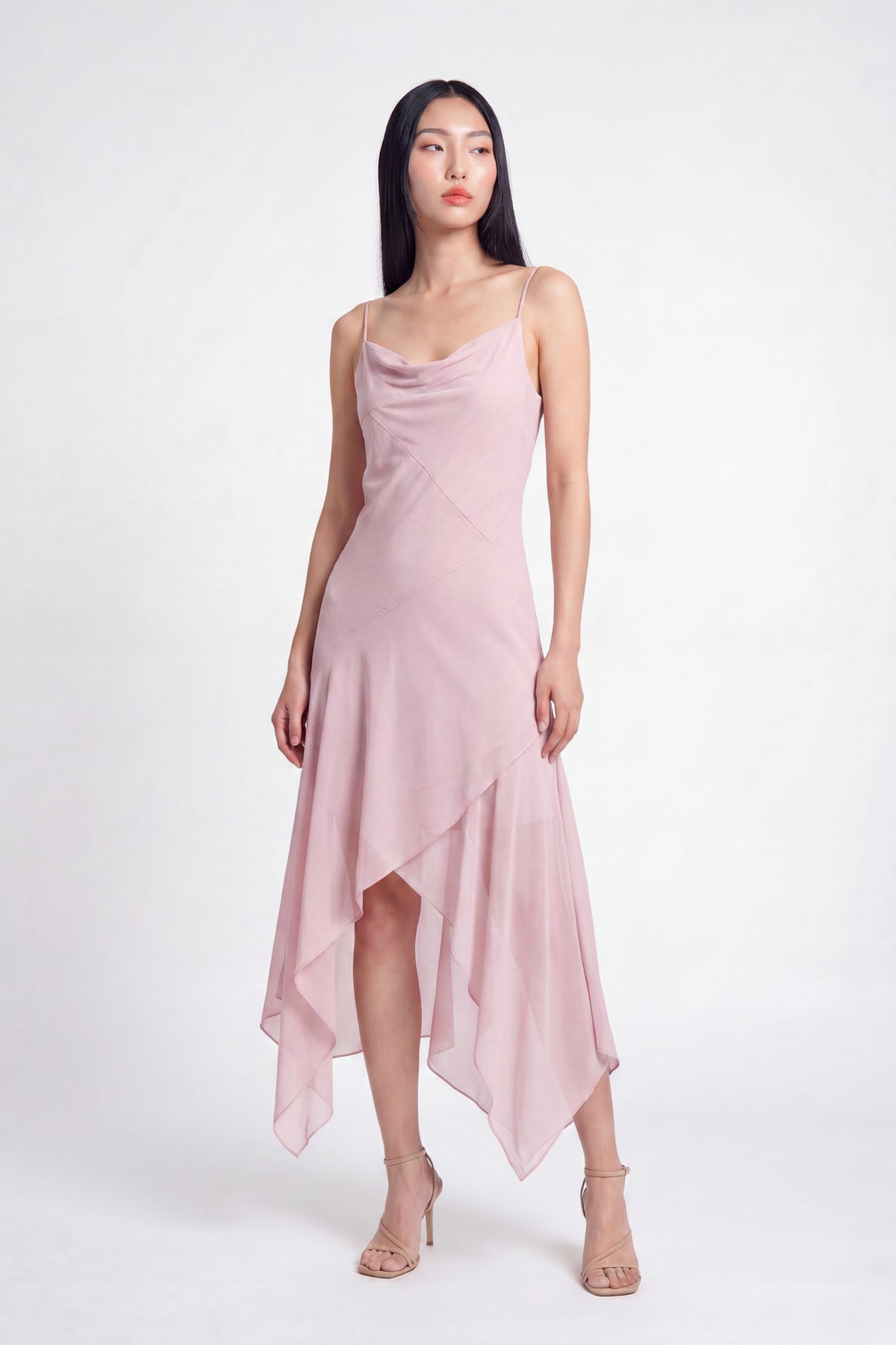 Chiffon Cowl Neck Asymmetrical Midi Dress - Pink