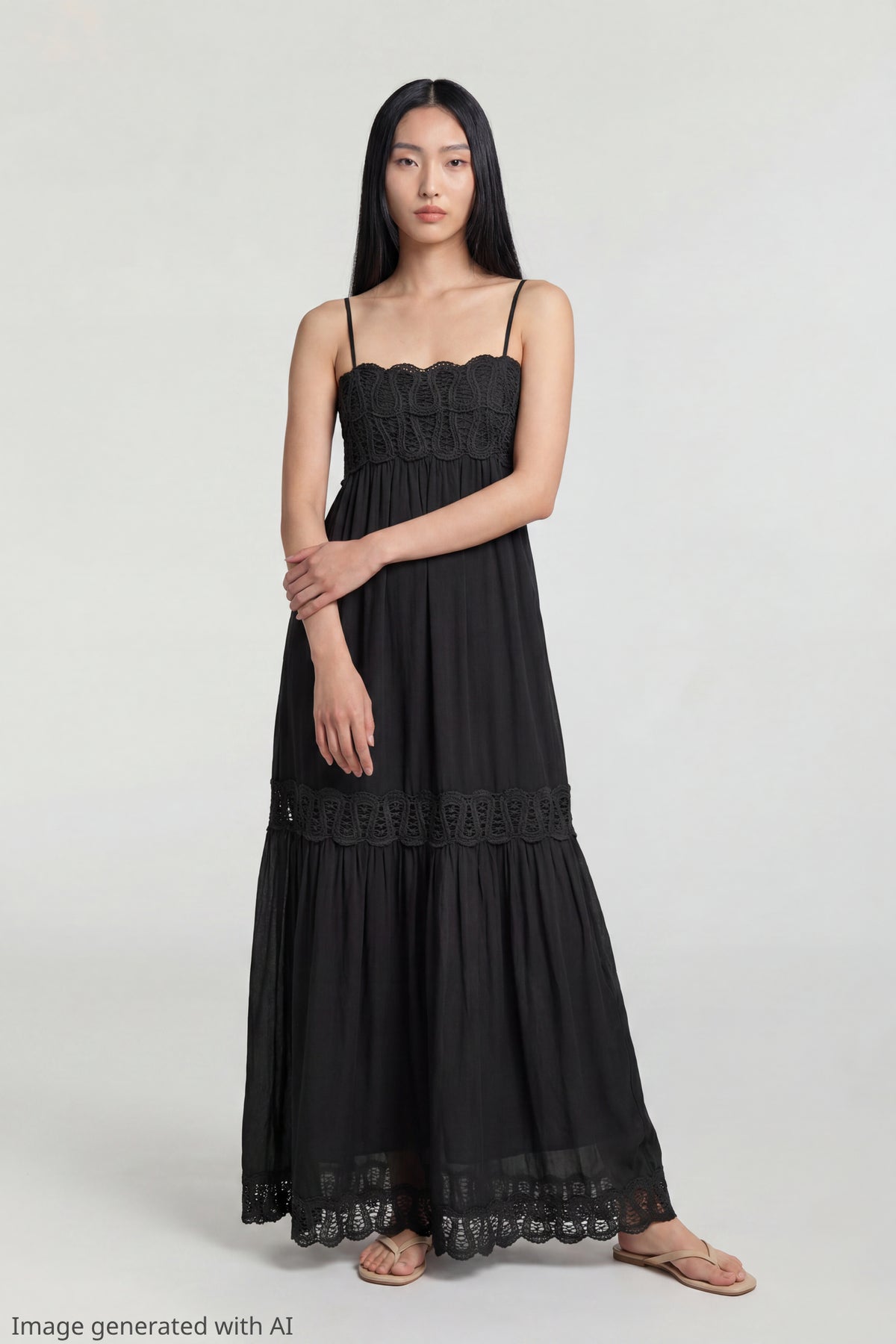 Crochet Trim Maxi Dress - Black