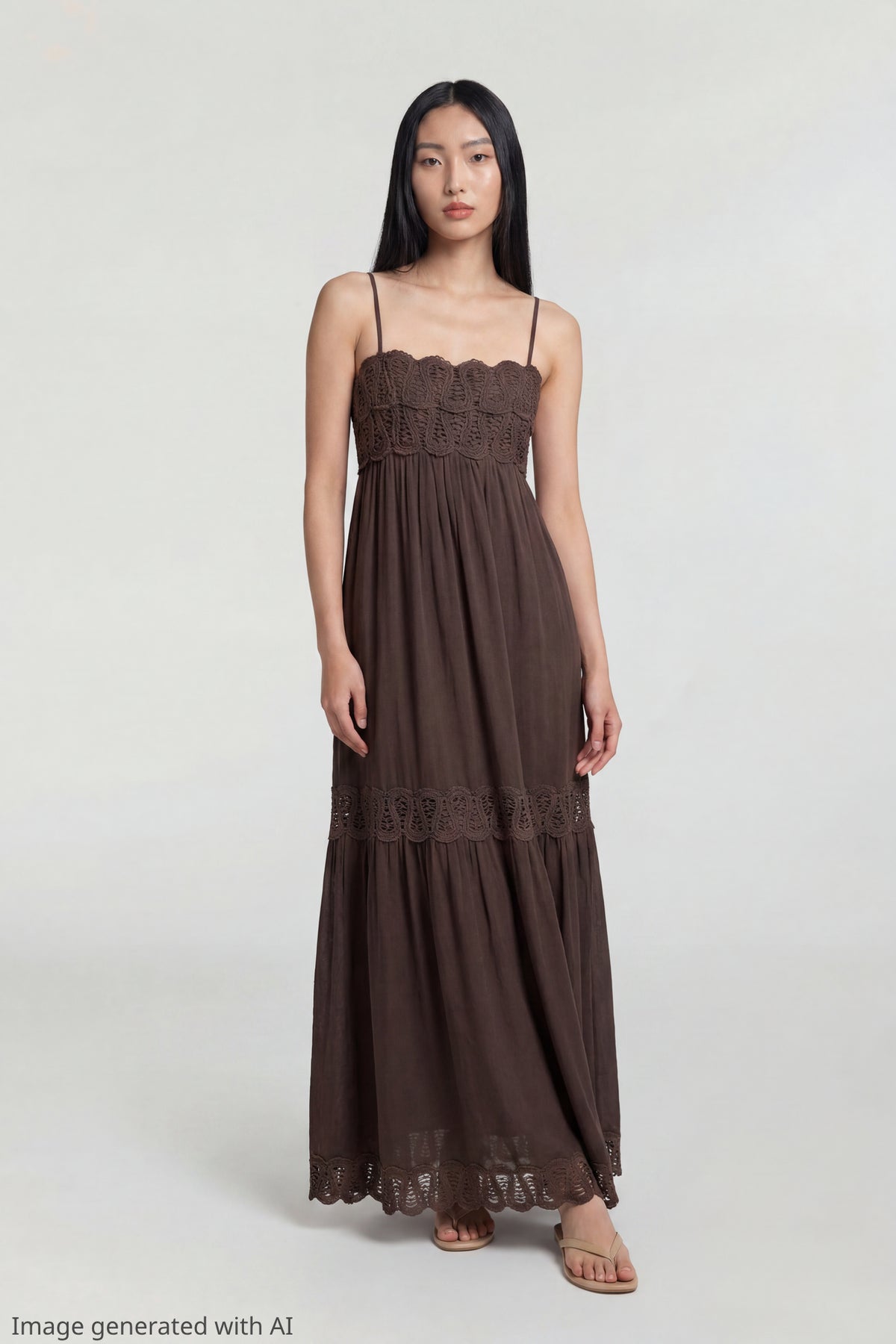 Crochet Trim Maxi Dress - Brown