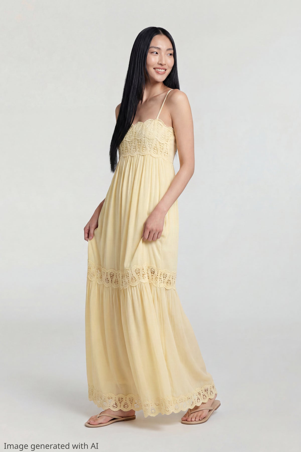 Crochet Trim Maxi Dress - Pale Yellow