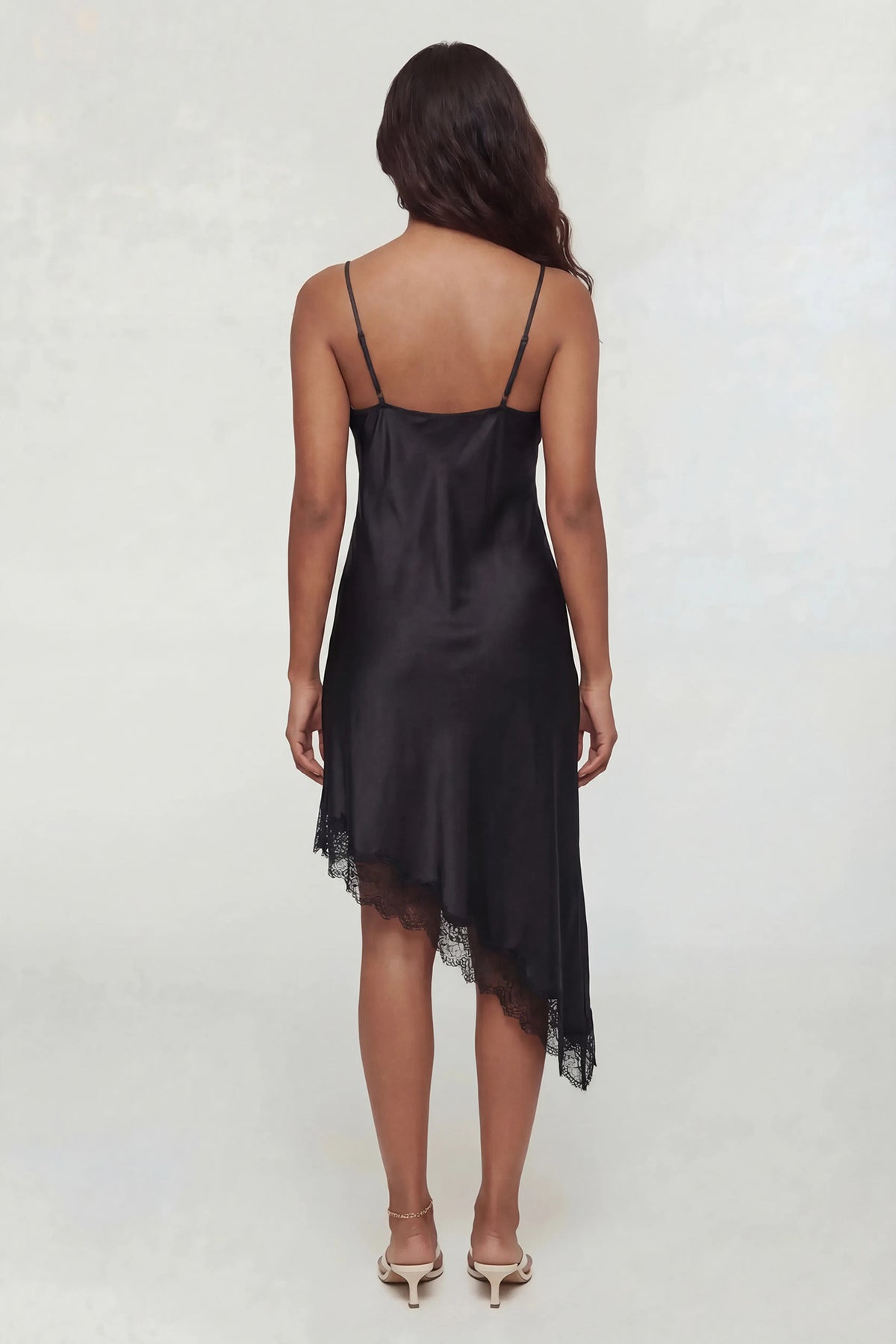 Alt View 2. Satin V-Neck Lace Trim Asymmetrical Midi Dress - Black