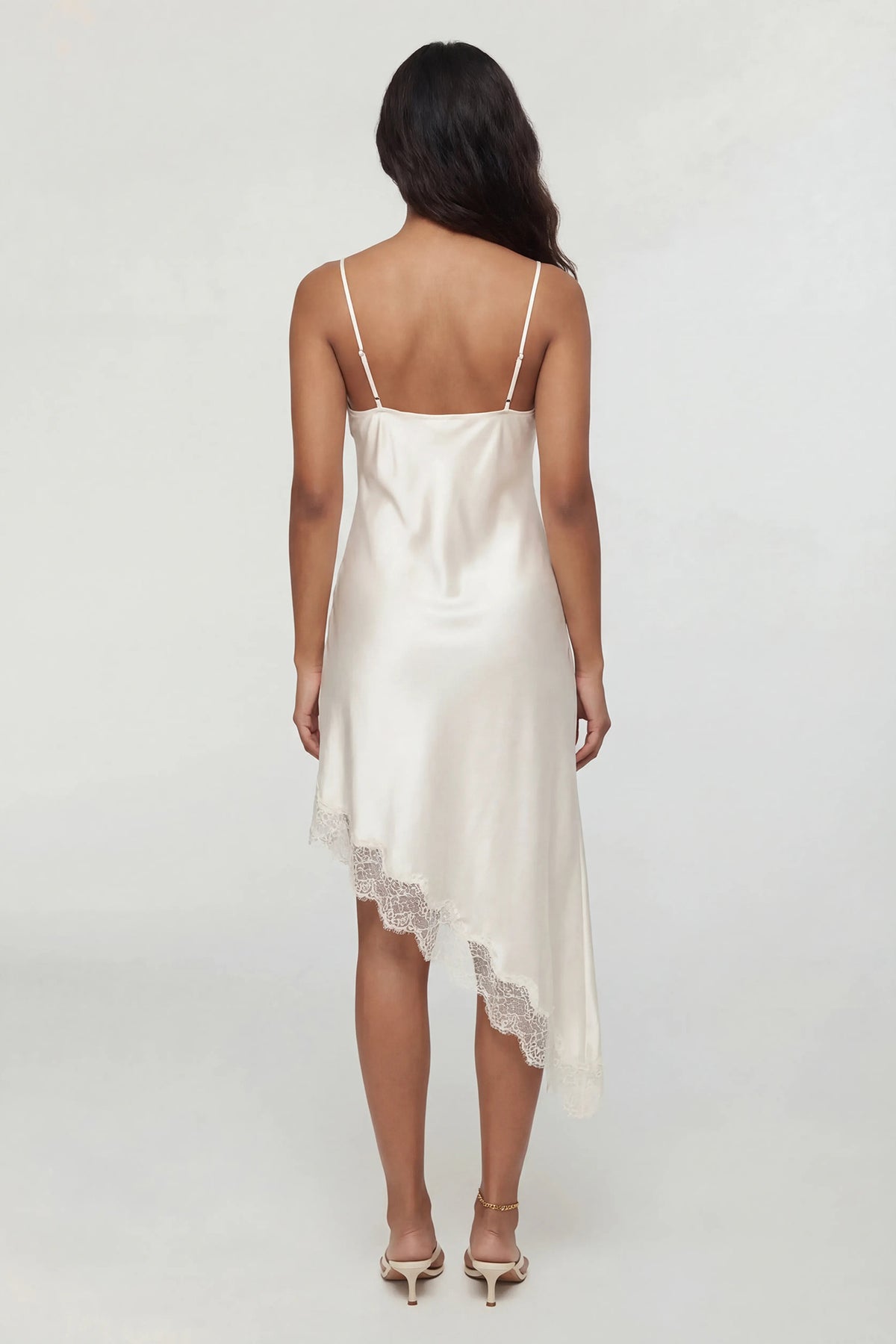 Alt View 2. Satin V-Neck Lace Trim Asymmetrical Midi Dress - Cream