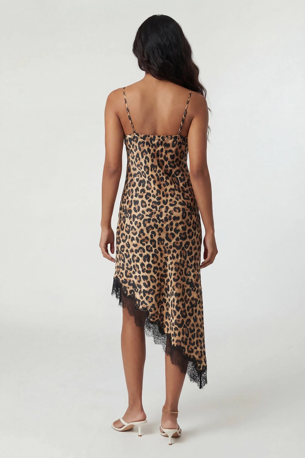 Alt View 2. Satin V-Neck Lace Trim Asymmetrical Midi Dress - Leopard