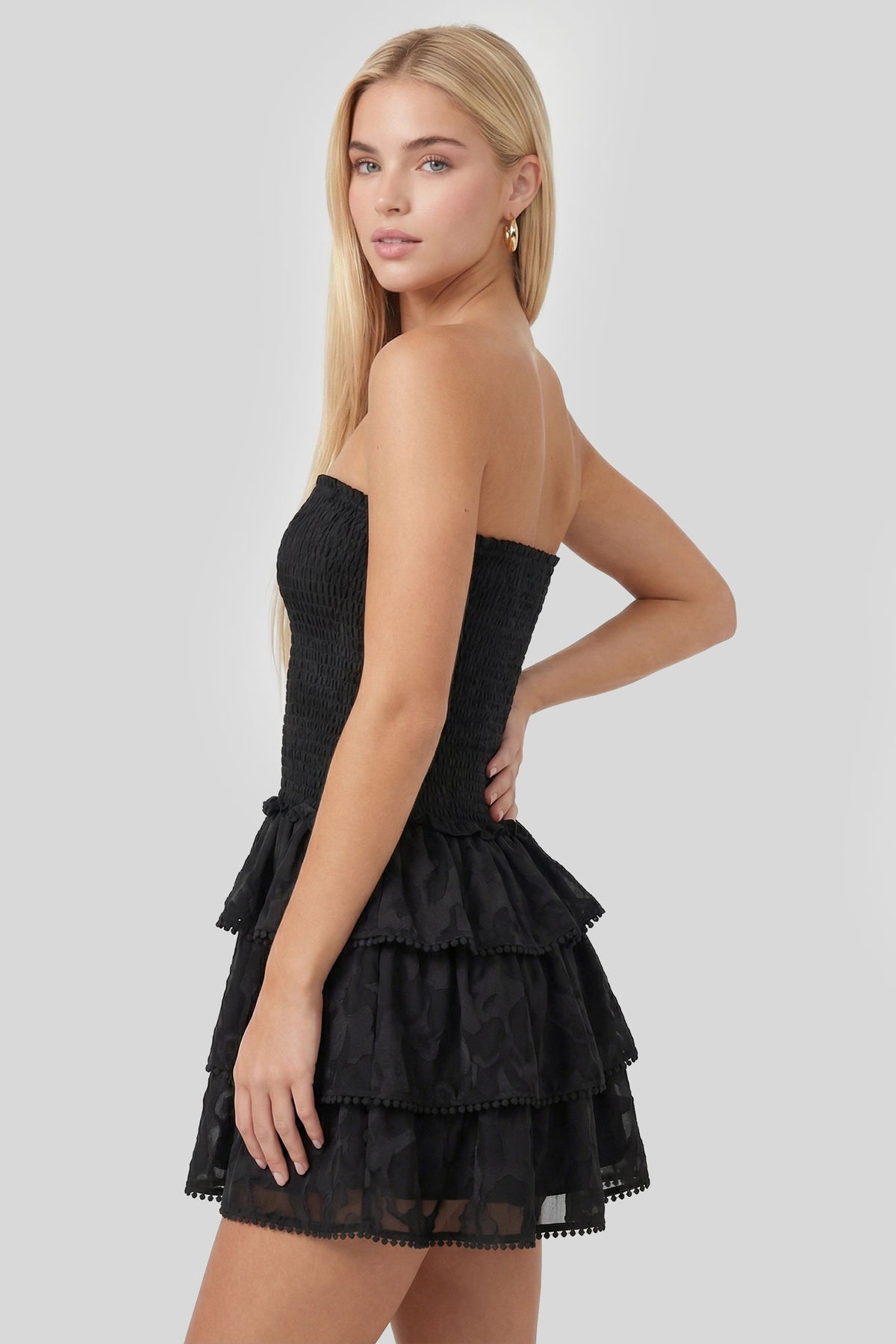 Alt View 2. Smocked Ruffle Tiered Strapless Mini Dress - Black
