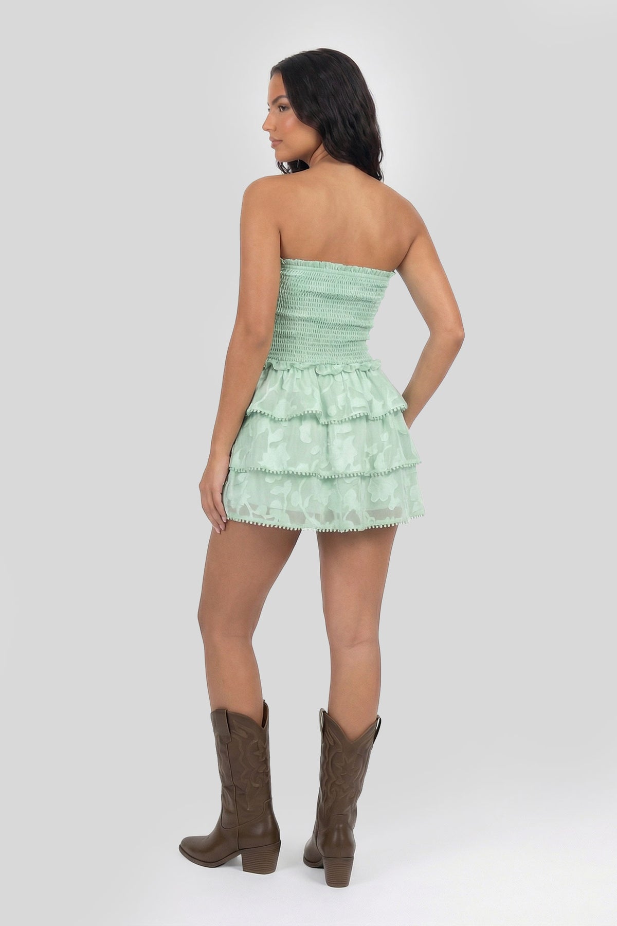 Alt View 2. Smocked Ruffle Tiered Strapless Mini Dress - Sage