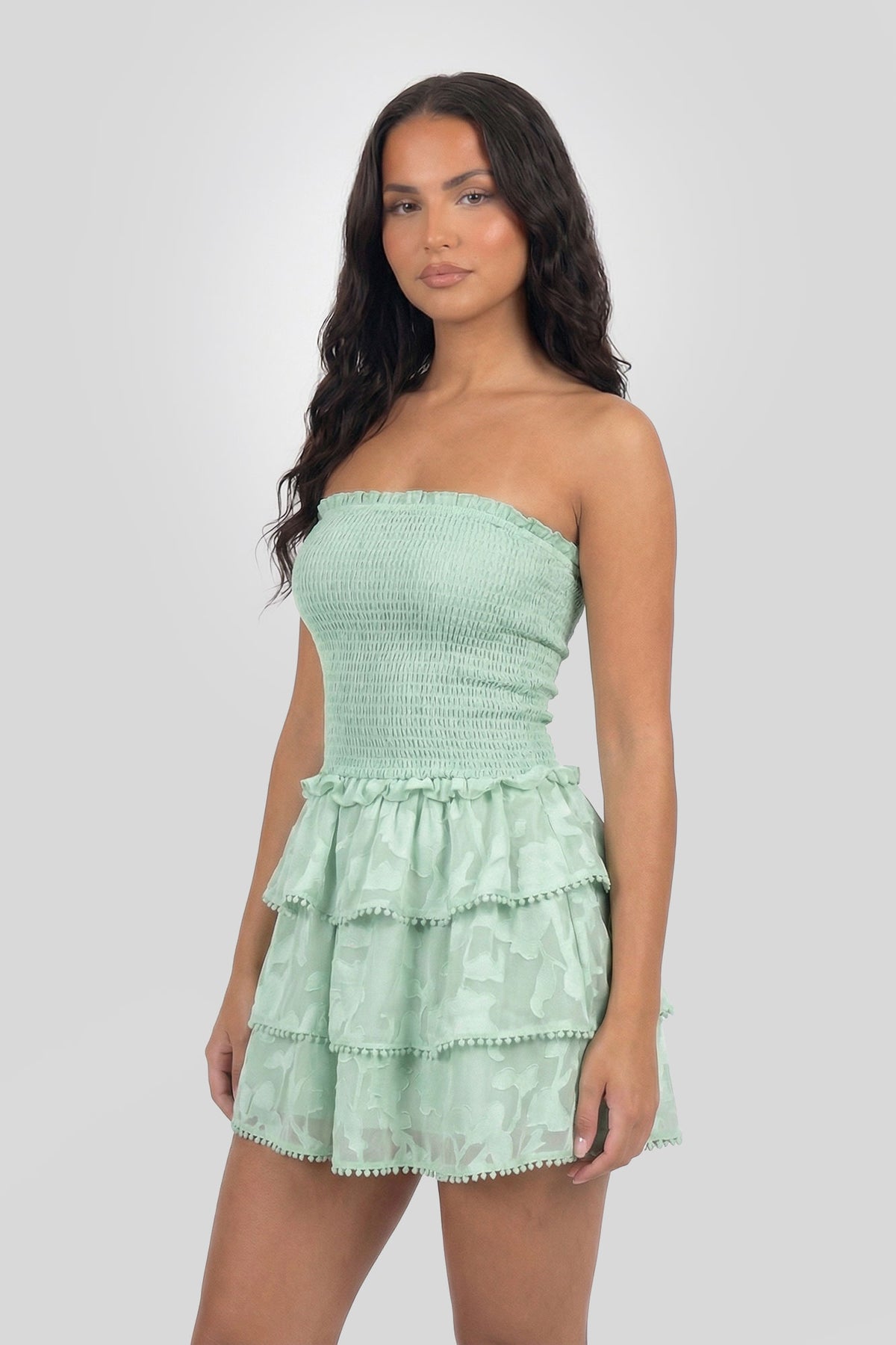 Smocked Ruffle Tiered Strapless Mini Dress - Sage