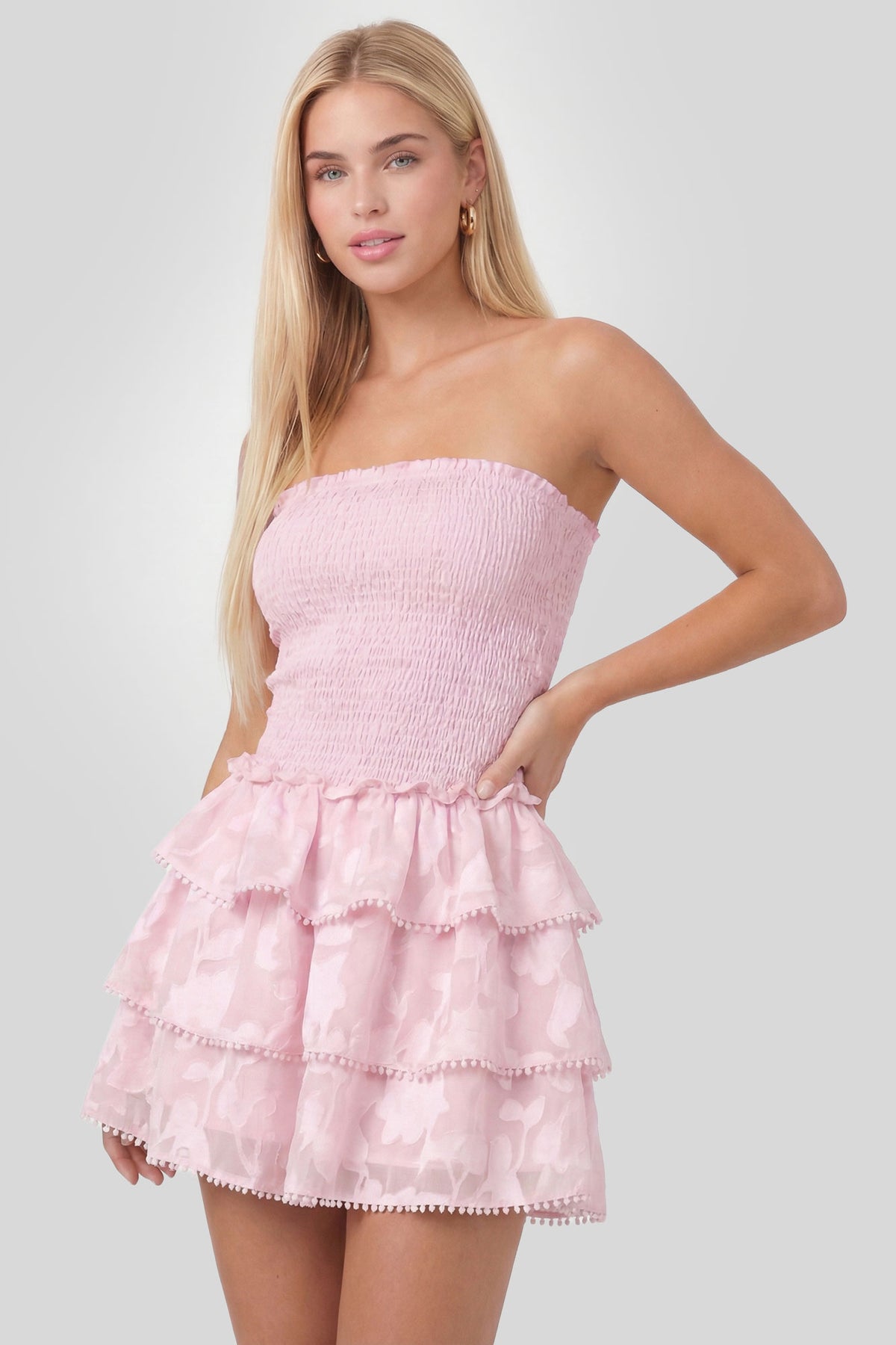 Smocked Ruffle Tiered Strapless Mini Dress - Pink