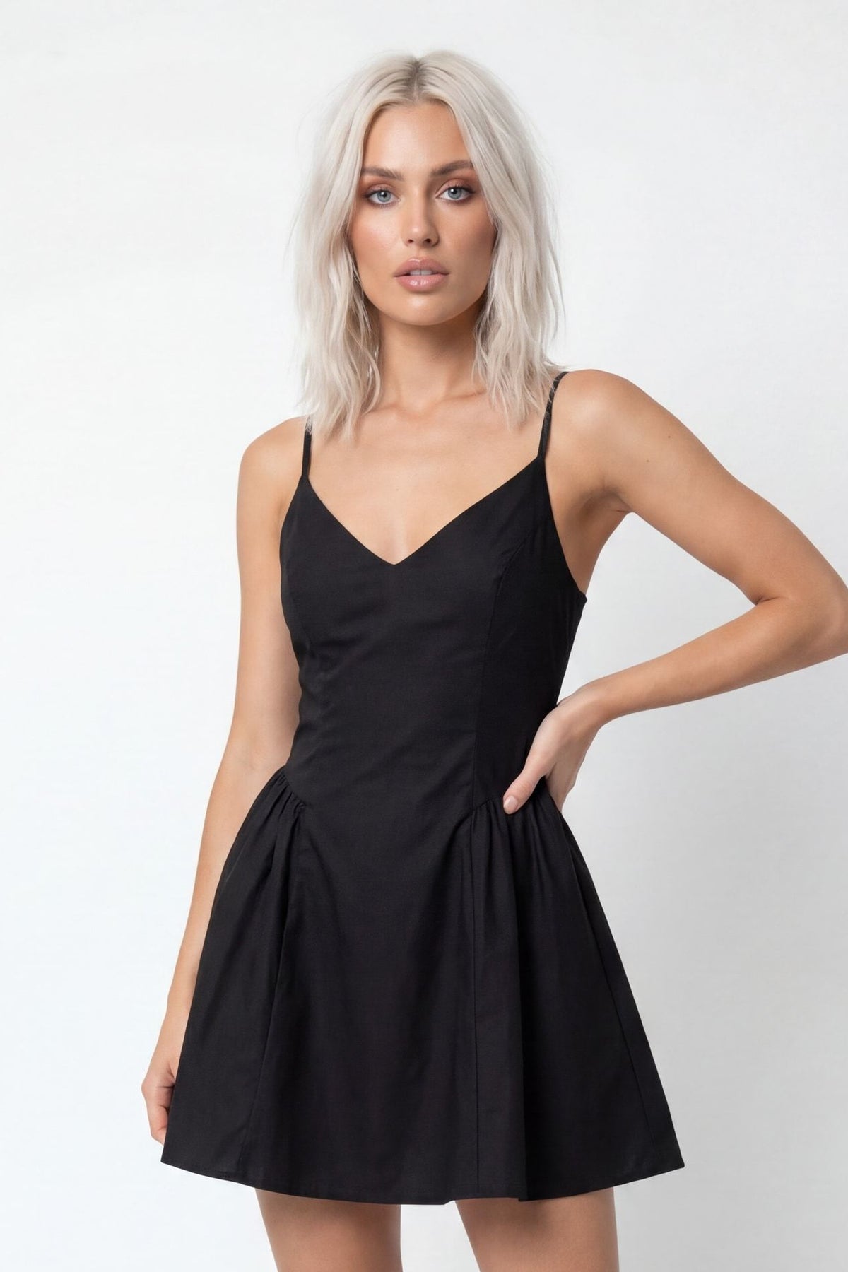 V-Neck Fit & Flare Mini Dress - Black