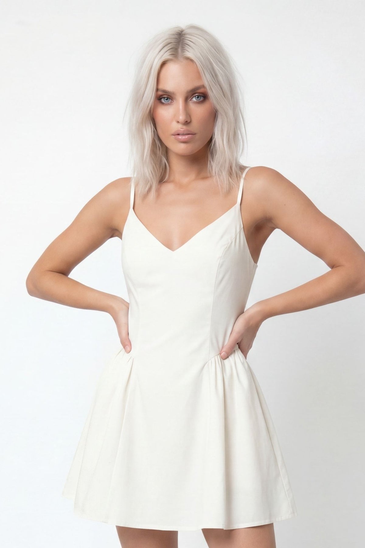 V-Neck Fit & Flare Mini Dress - Cream