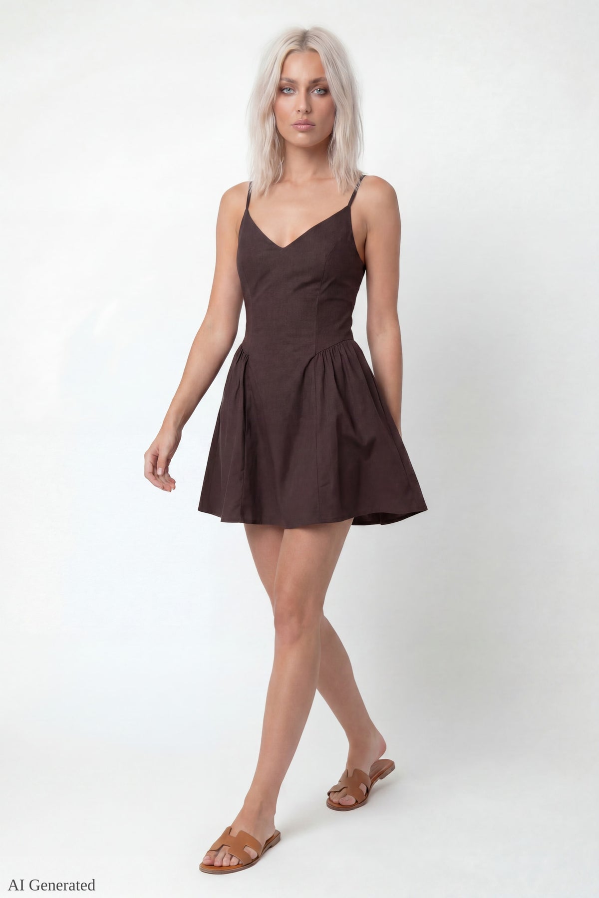 Alt View 3. V-Neck Fit & Flare Mini Dress - Brown