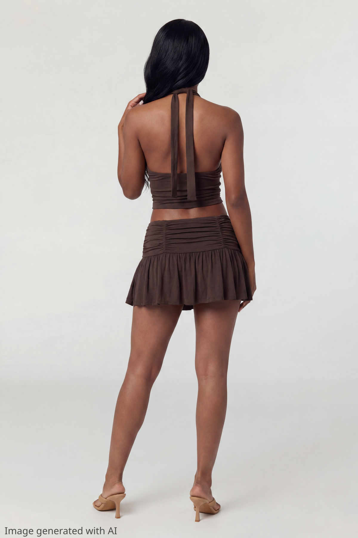 Alt View 2. Mesh Halter Top & Mini Skirt Set - Brown