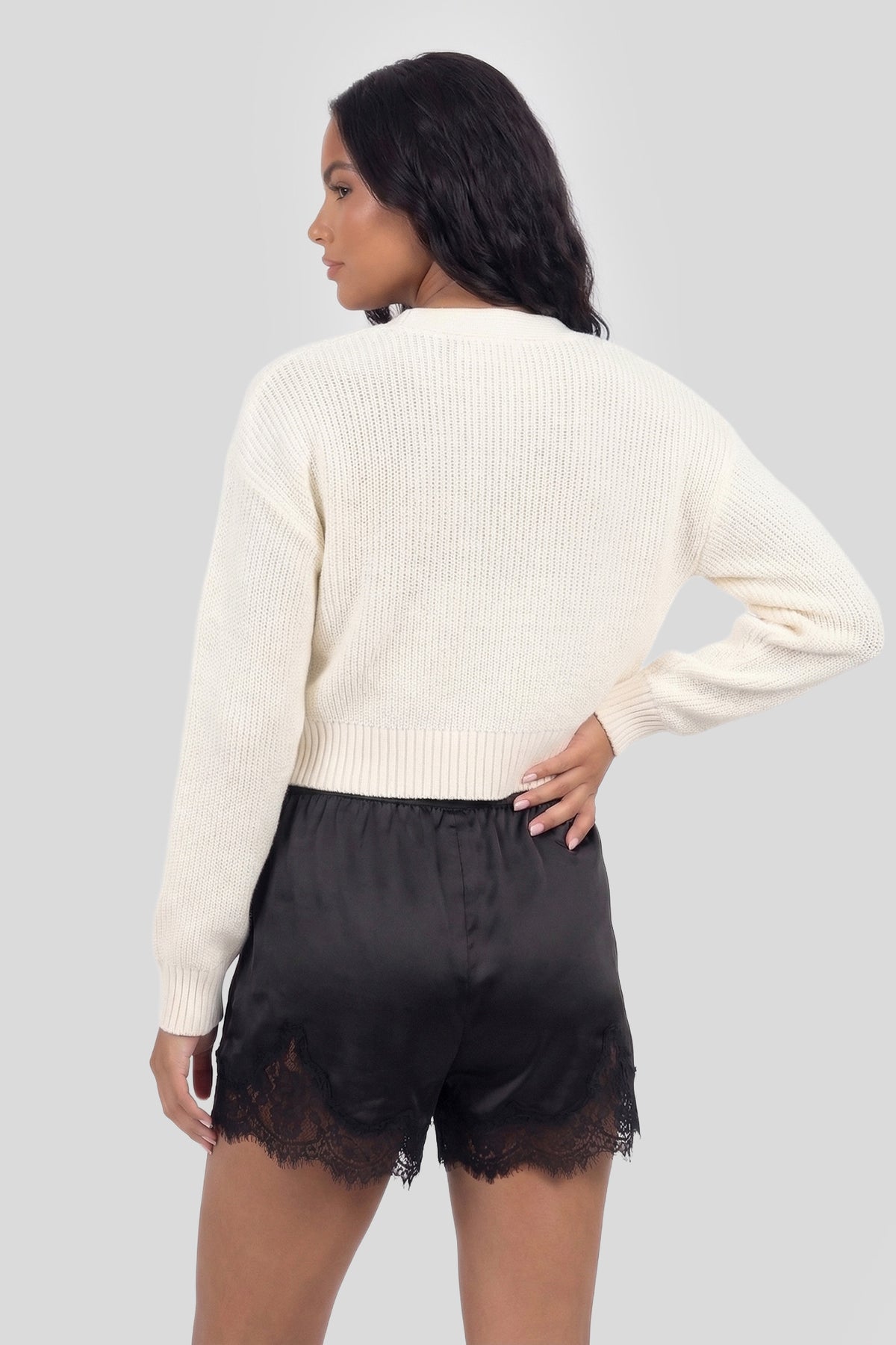 Alt View 2. Satin Lace Trim Short - Black
