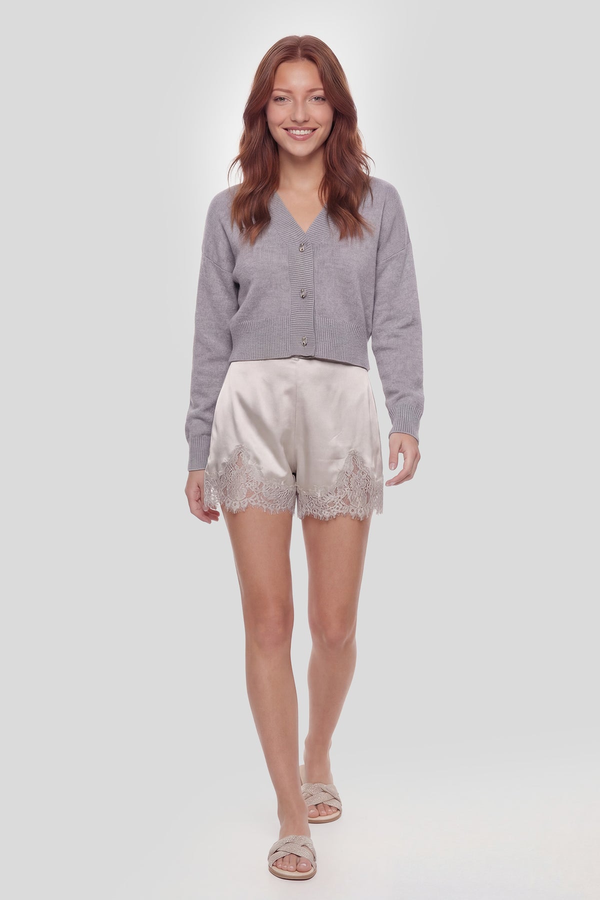 Alt View 3. Satin Lace Trim Short - Cream