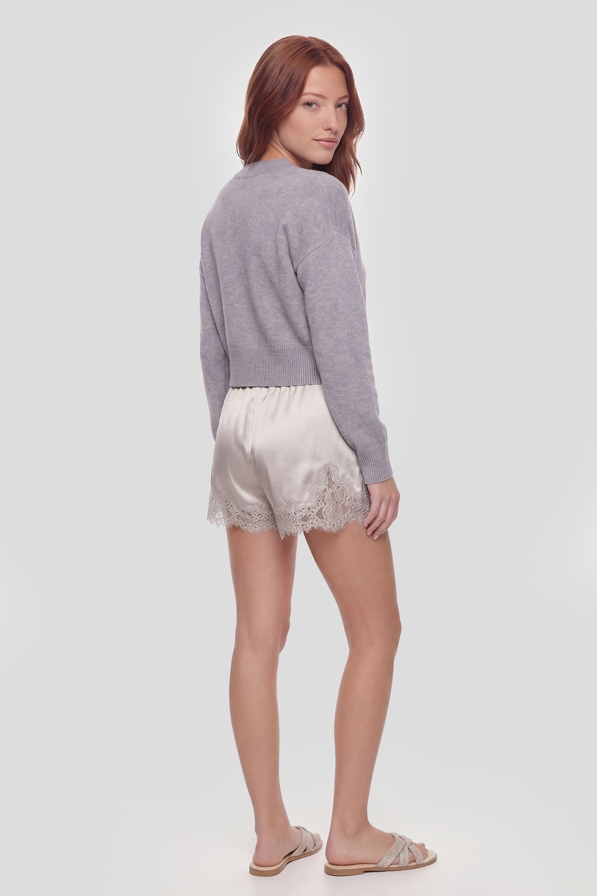 Alt View 2. Satin Lace Trim Short - Cream