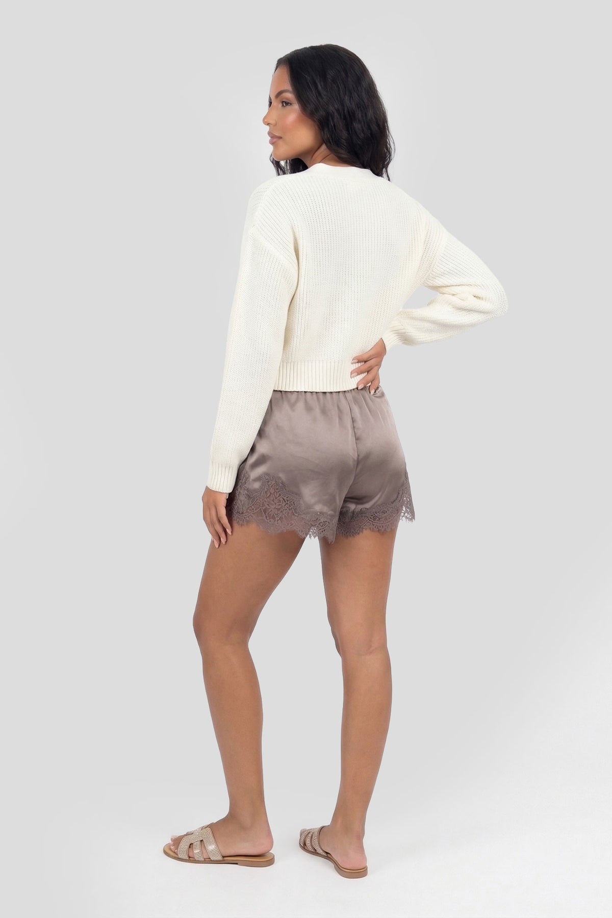 Alt View 2. Satin Lace Trim Short - Brown