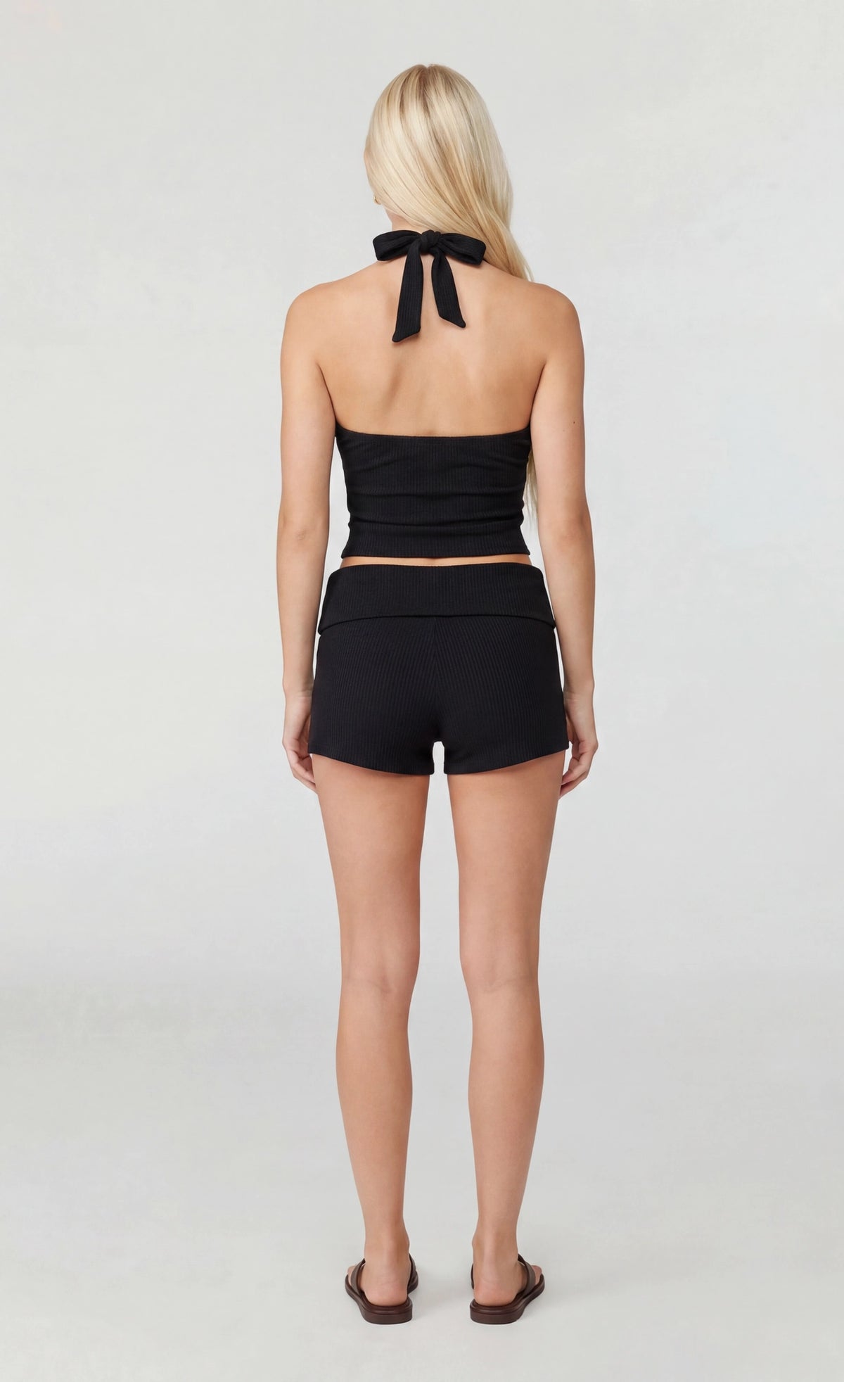 Alt View 2. Ribbed Halter Tank & Foldover Waist Short - Black