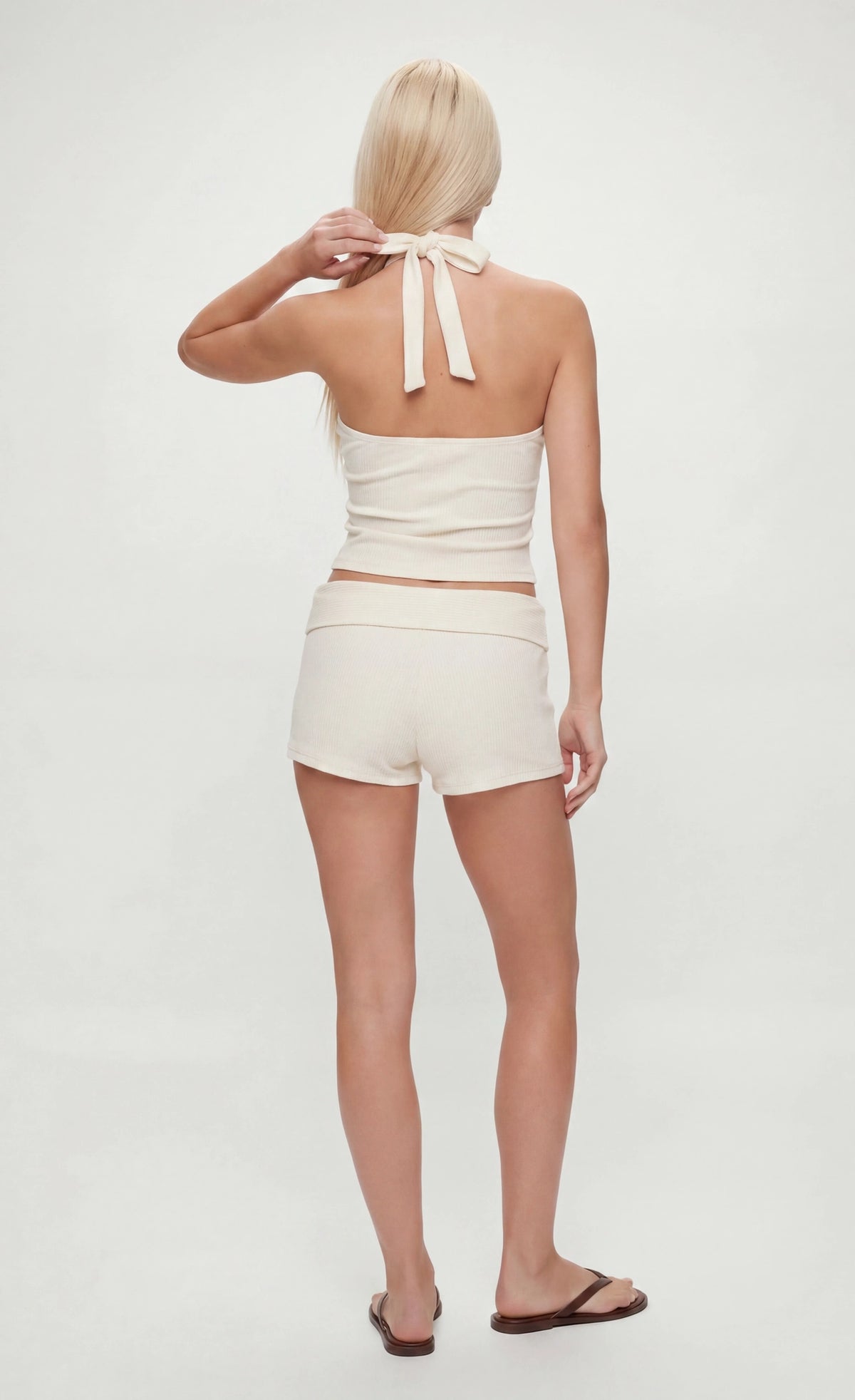 Alt View 2. Ribbed Halter Tank & Foldover Waist Short - White