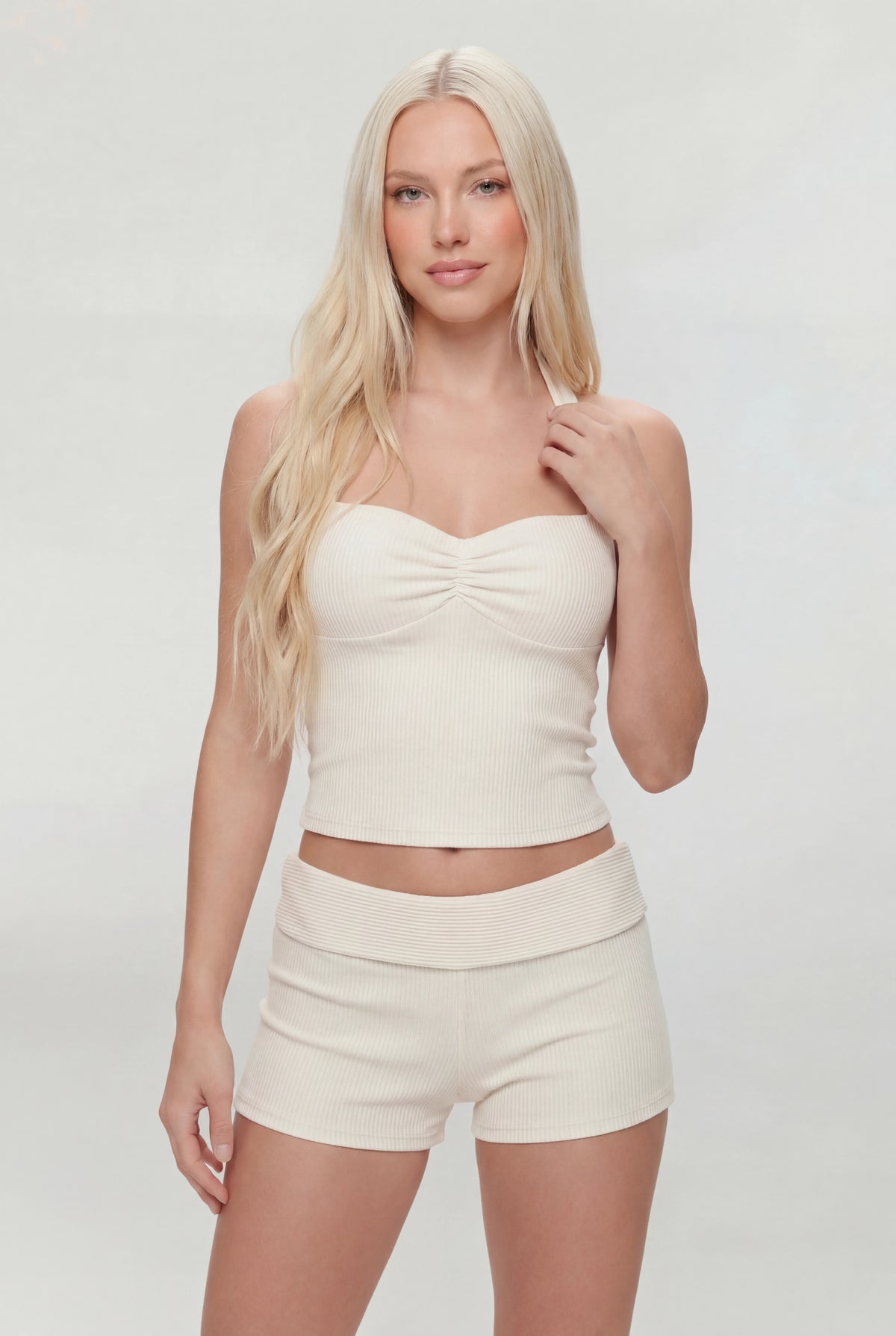 Ribbed Halter Tank & Foldover Waist Short - White