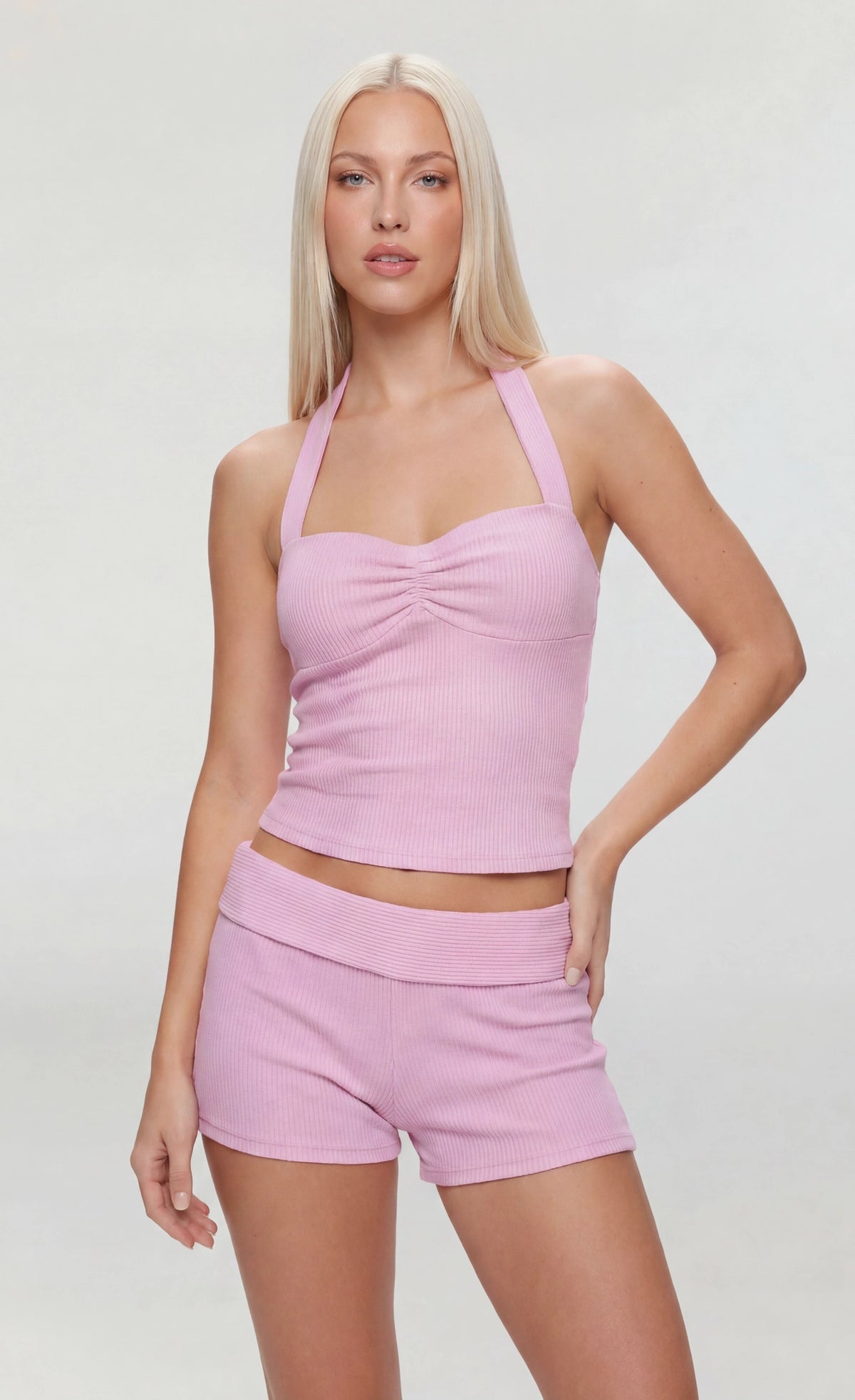 Ribbed Halter Tank & Foldover Waist Short - Pink
