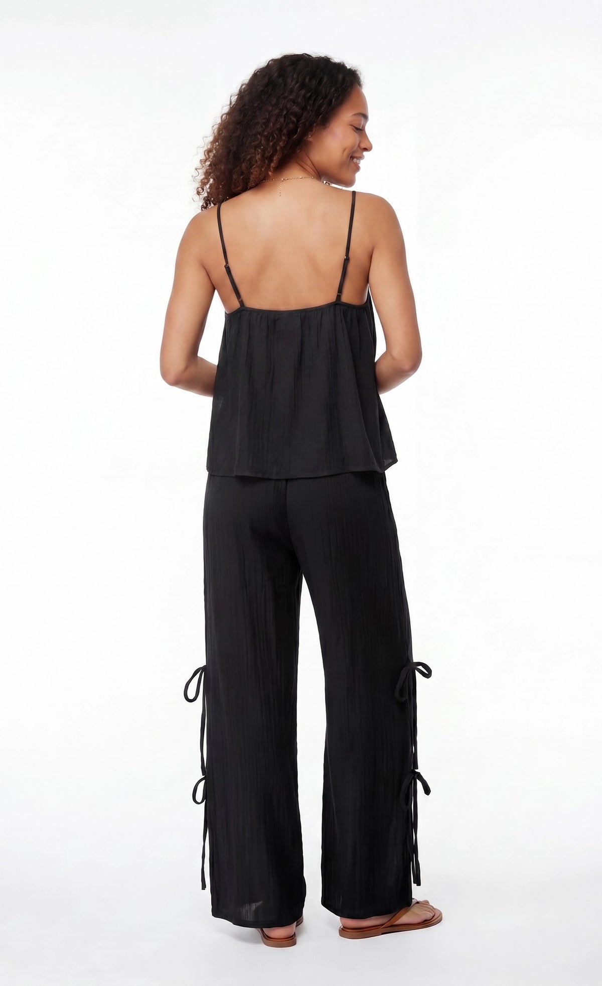 Alt View 2. Gauze Tank & Pant with Bow Set - Black
