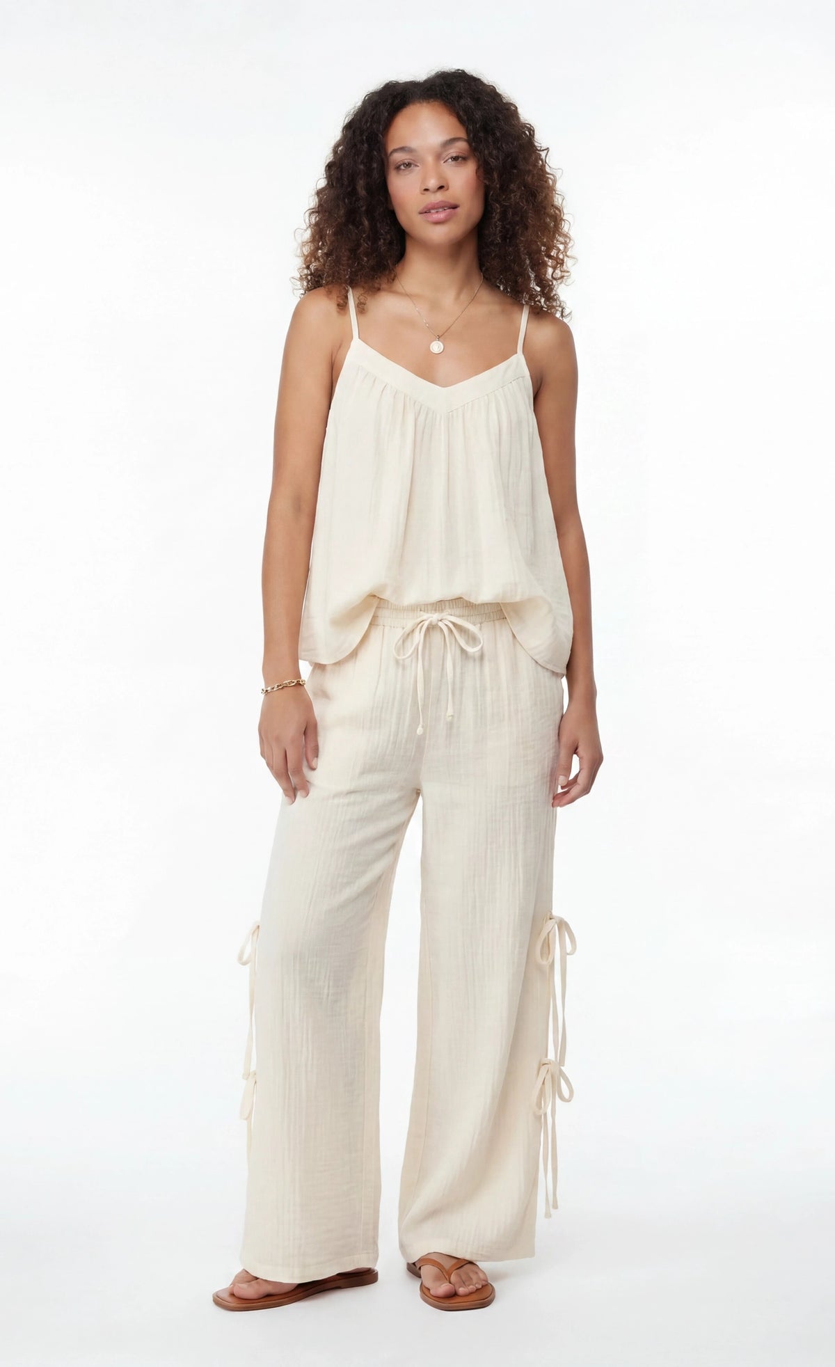 Gauze Tank & Pant with Bow Set - Cream