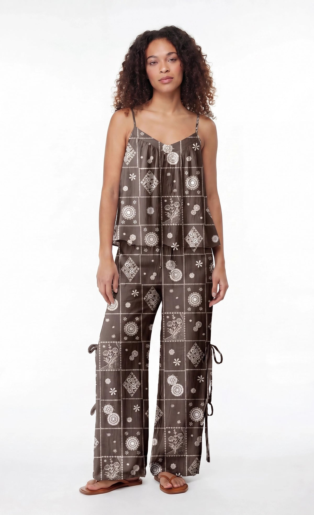 Gauze Tank & Pant with Bow Set - Brown