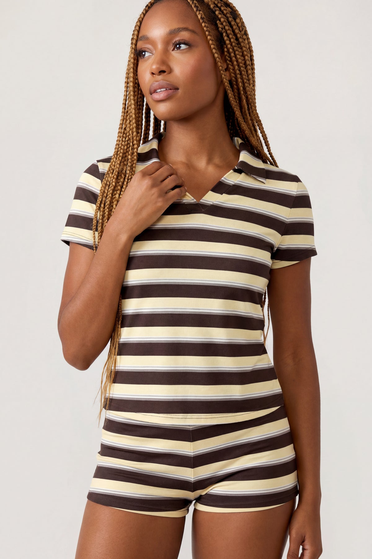 Striped Polo & Short Set - Brown