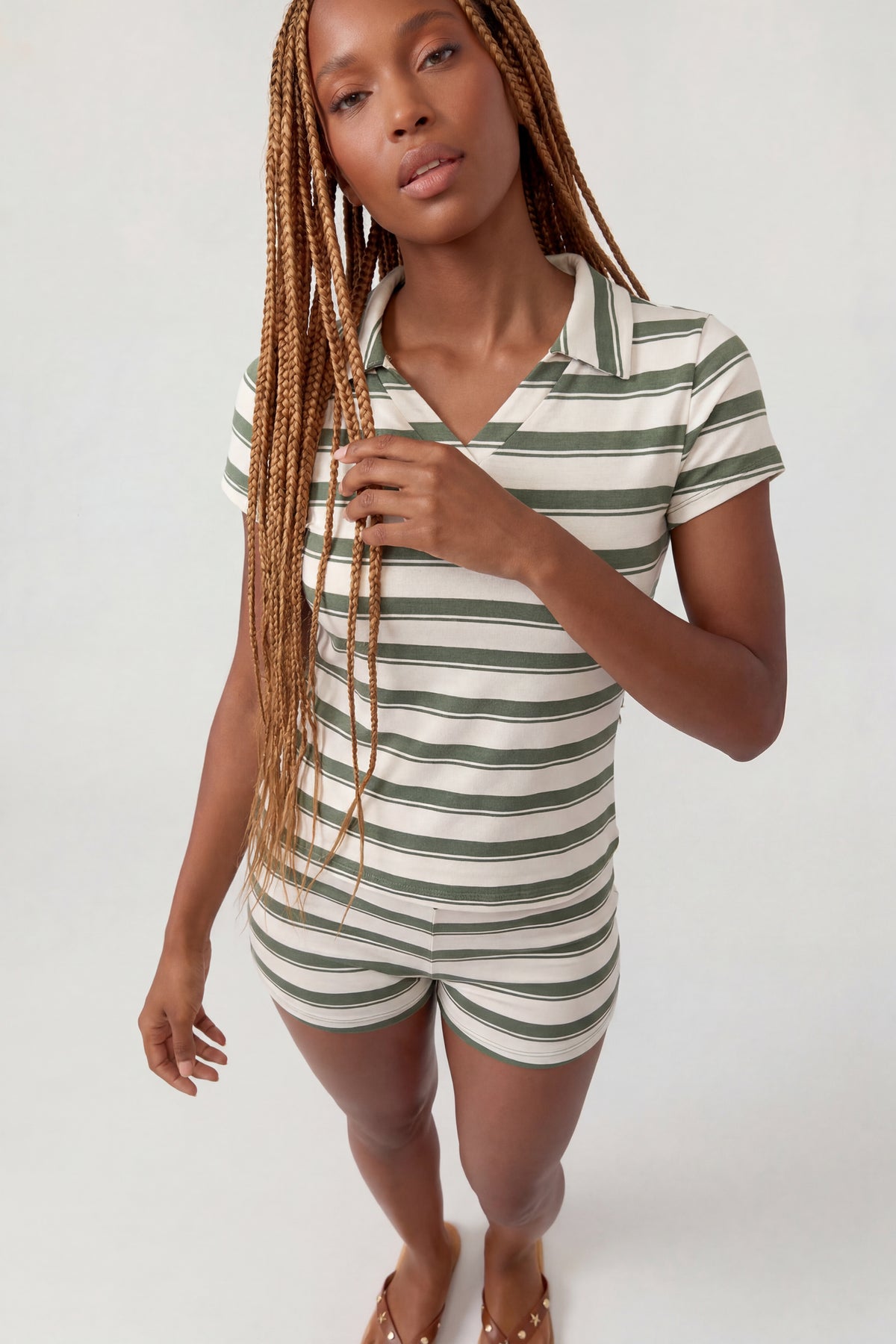 Striped Polo & Short Set - Green