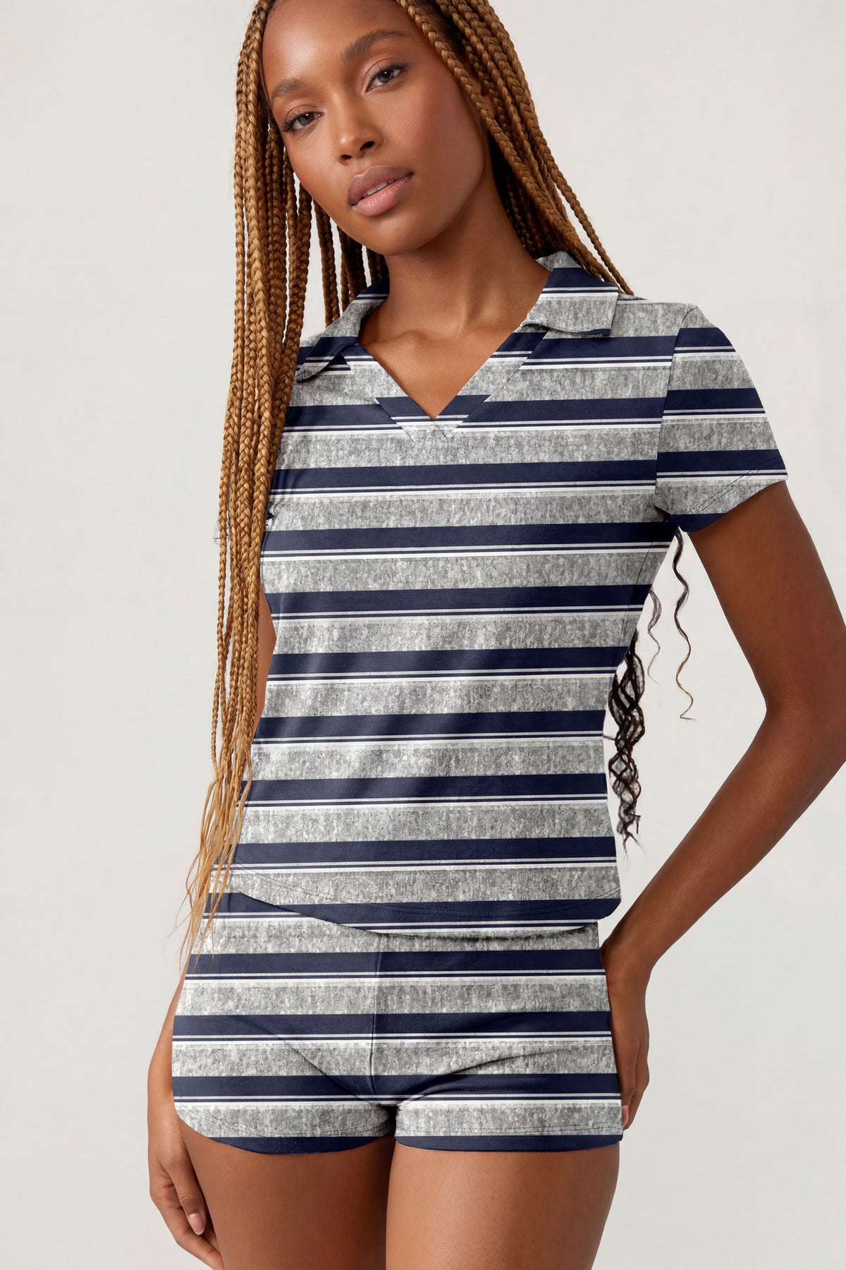 Striped Polo & Short Set - Blue