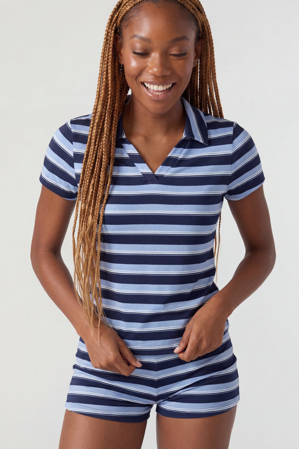 Striped Polo & Short Set - Navy