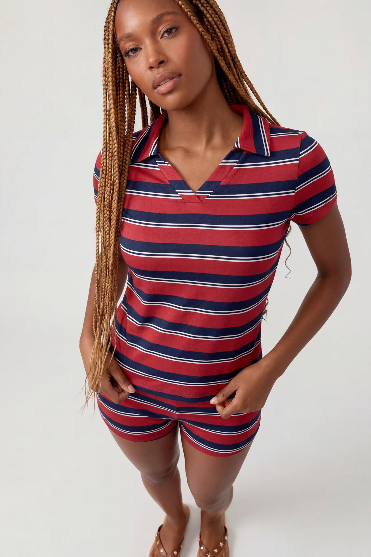 Striped Polo & Short Set - Red