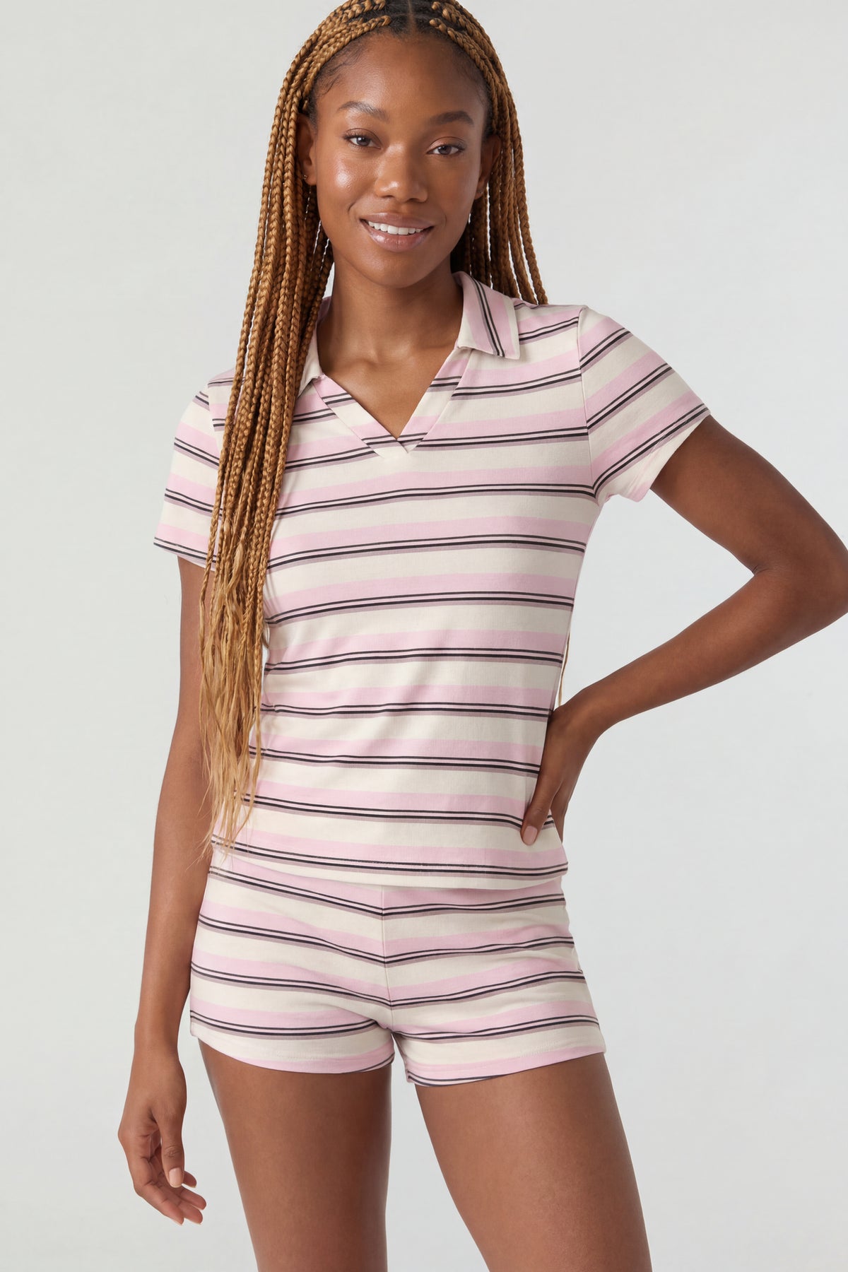 Striped Polo & Short Set - Pink