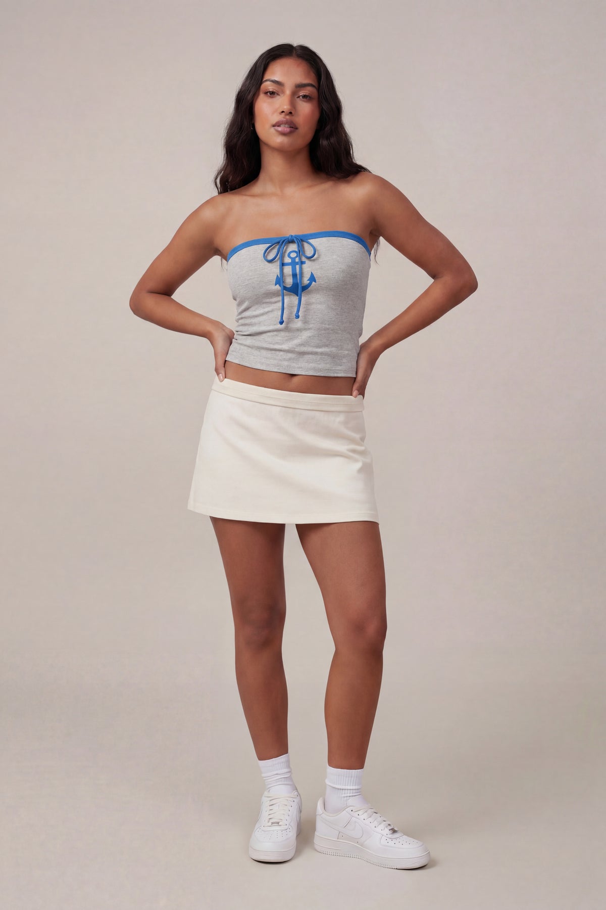 Alt View 3. Graphic Drawstring Tube Top - Heather Grey