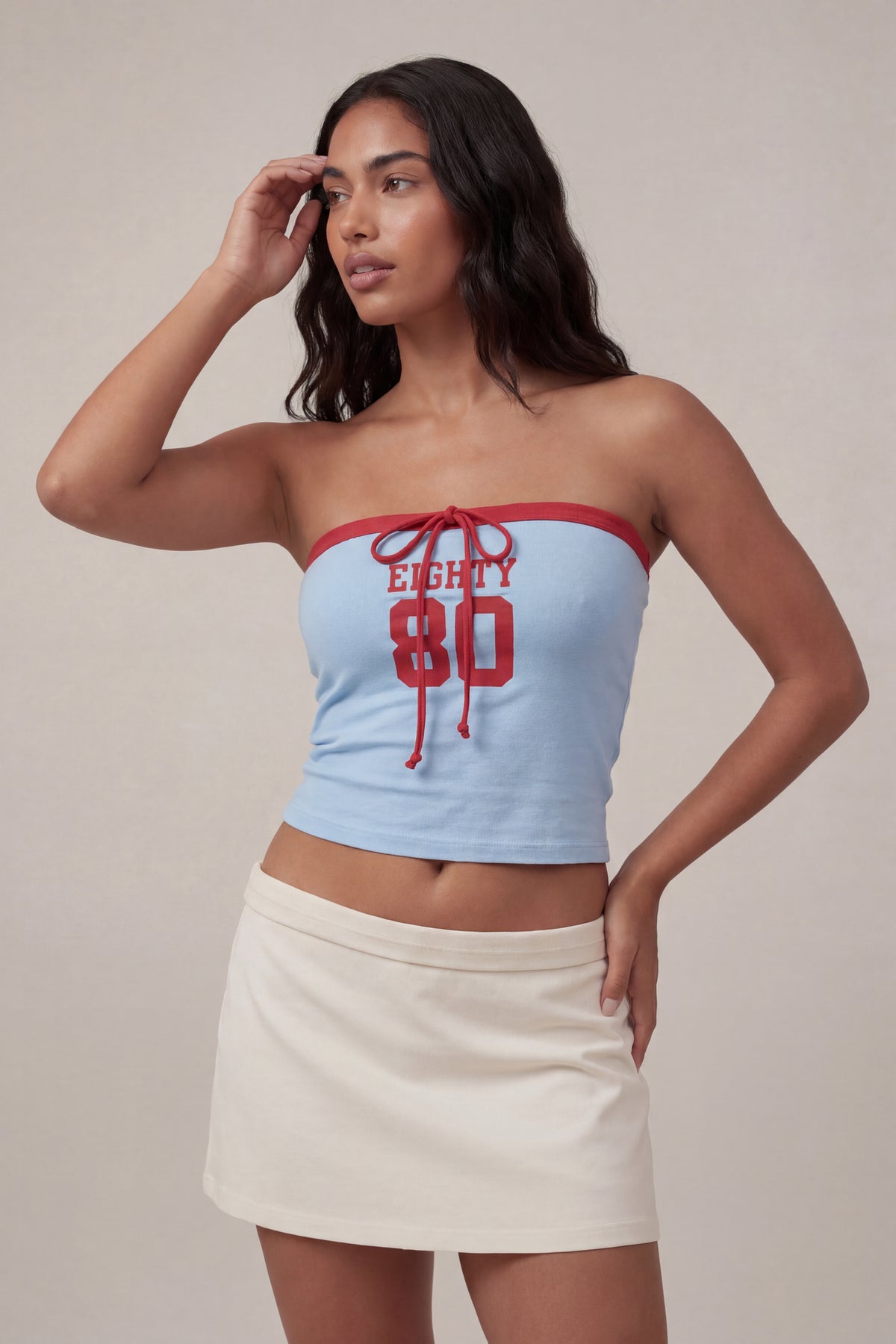 Graphic Drawstring Tube Top - Blue