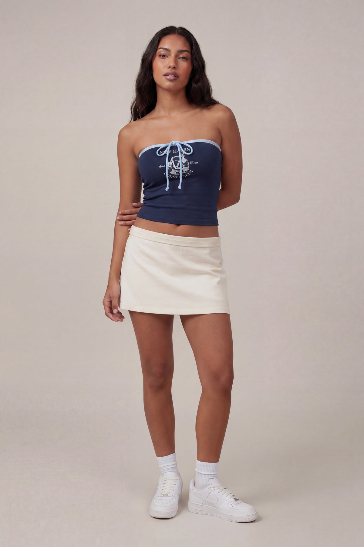 Alt View 3. Graphic Drawstring Tube Top - Navy