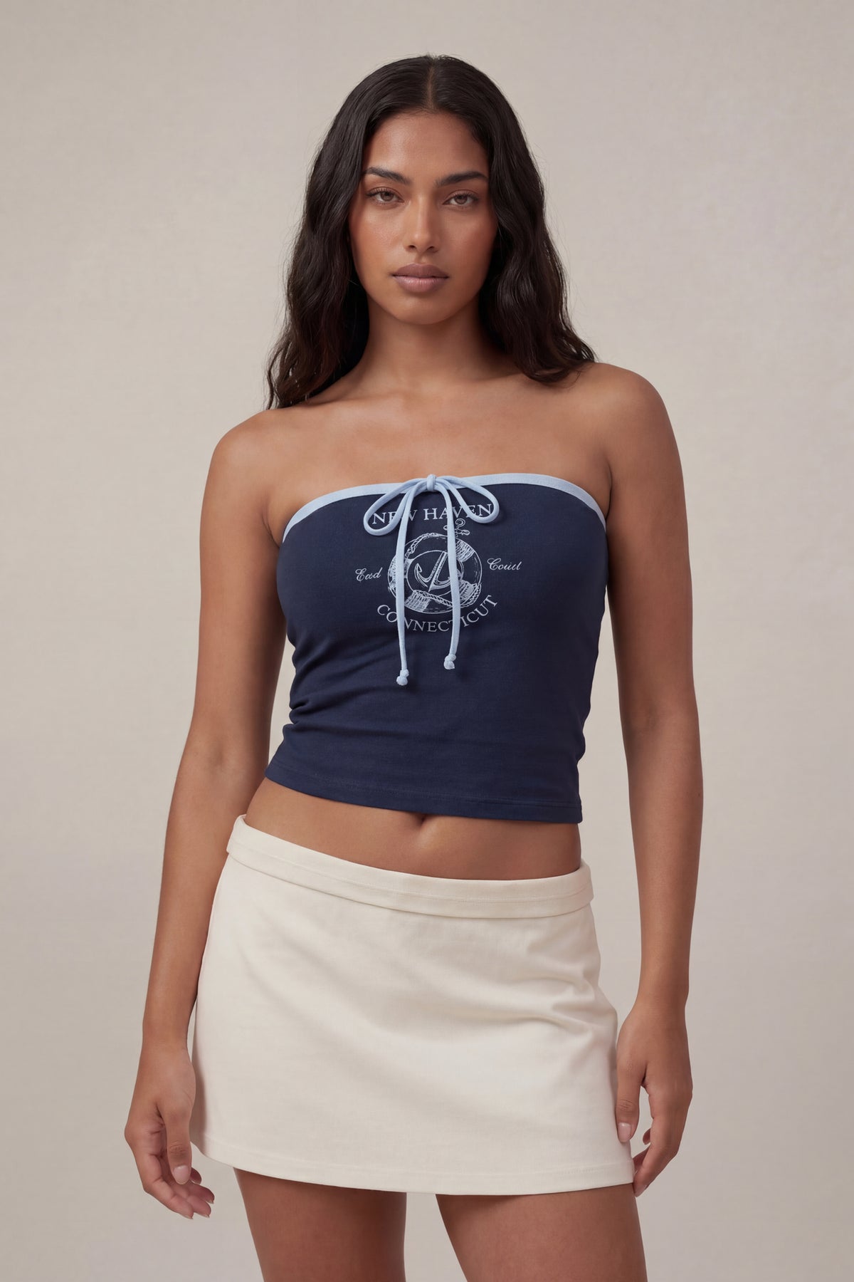 Graphic Drawstring Tube Top - Navy