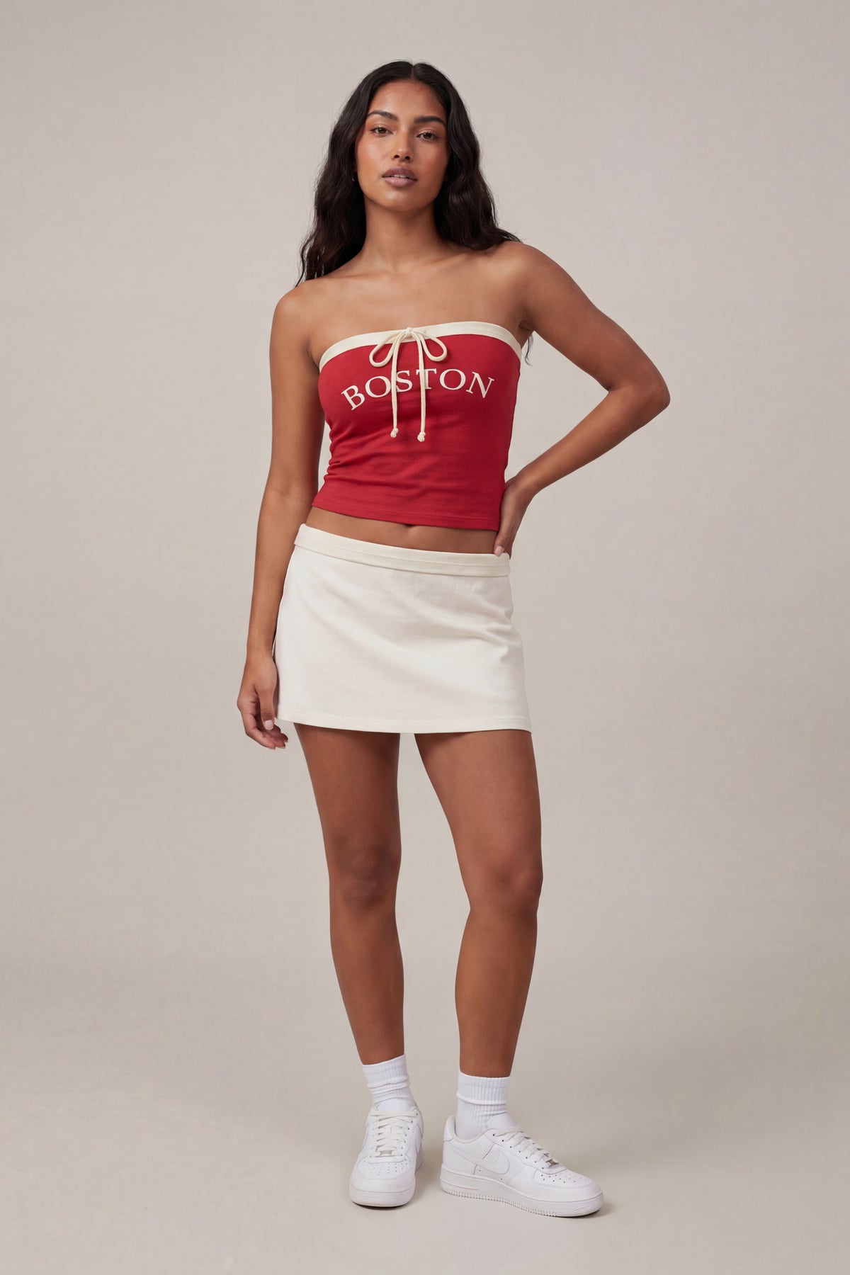 Alt View 3. Graphic Drawstring Tube Top - Red