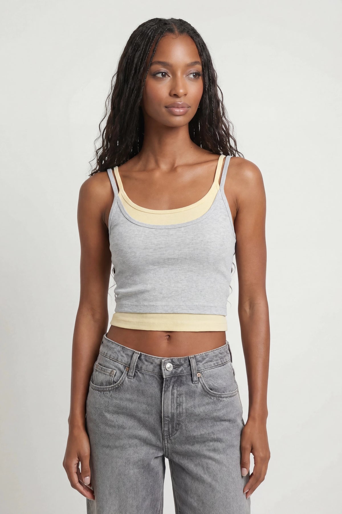 Soft Ribbed Layered Tank - Light Grey
