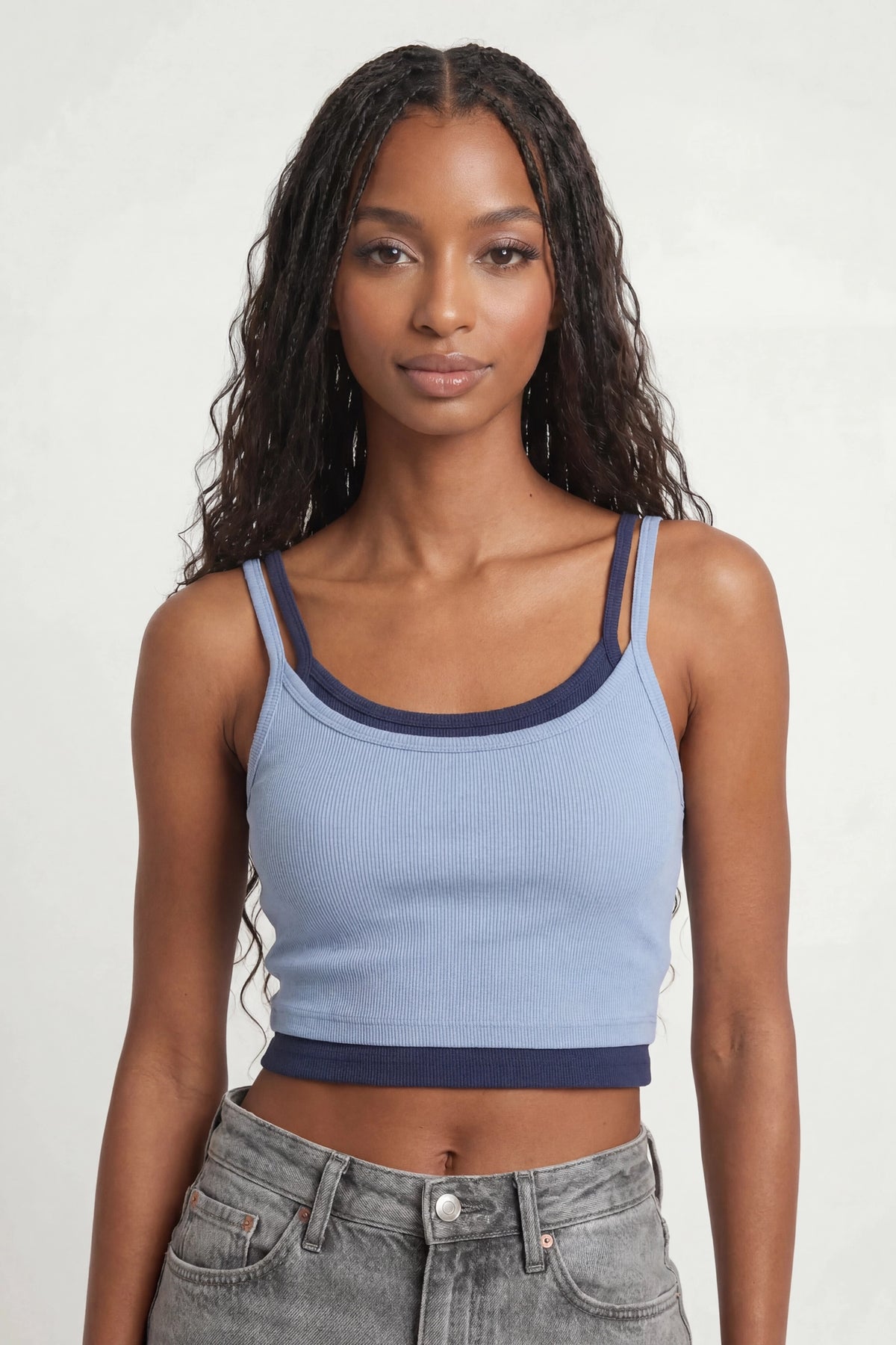 Soft Ribbed Layered Tank - Light Blue