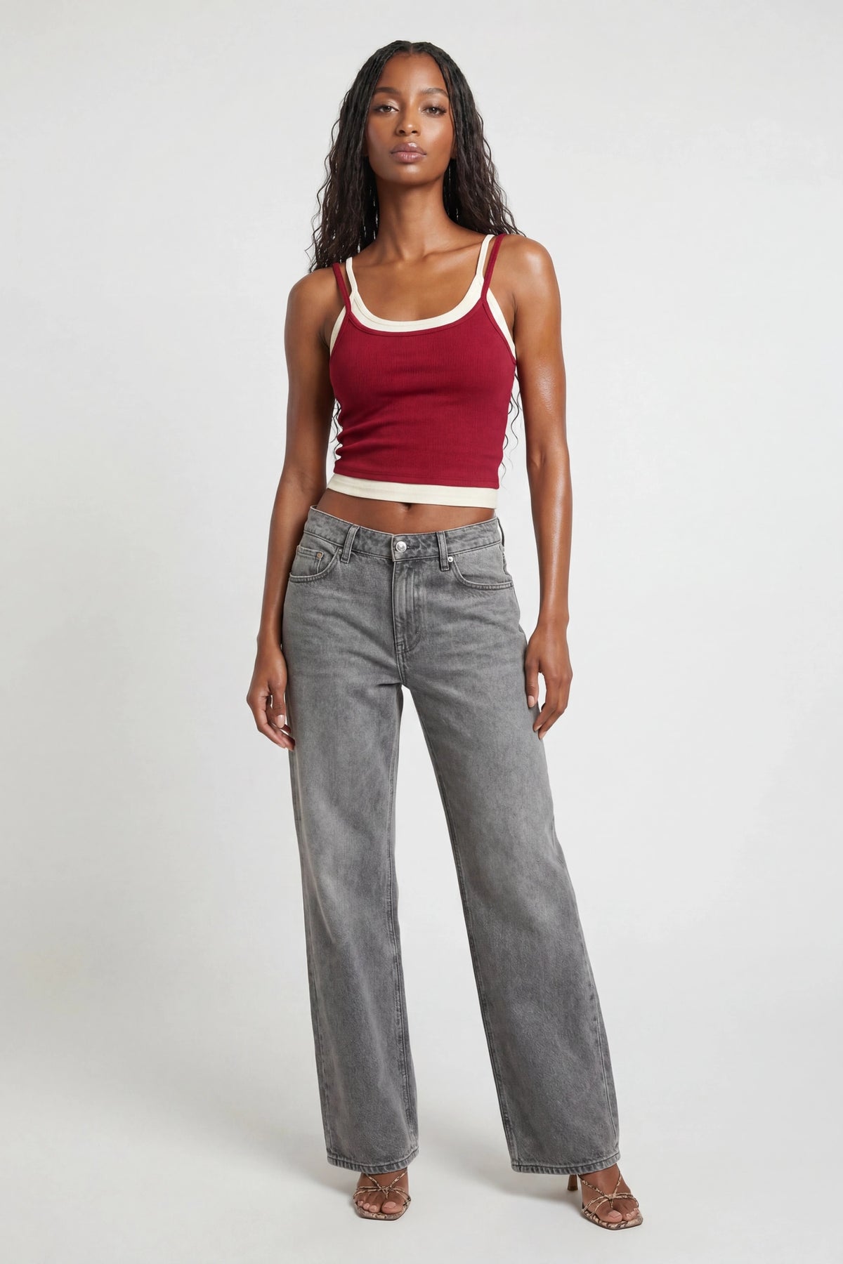 Alt View 3. Soft Ribbed Layered Tank - Red